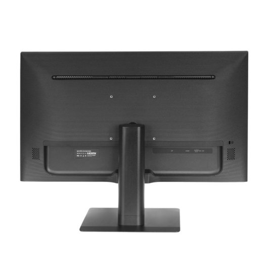 Retro di un monitor nero con supporto e porte.