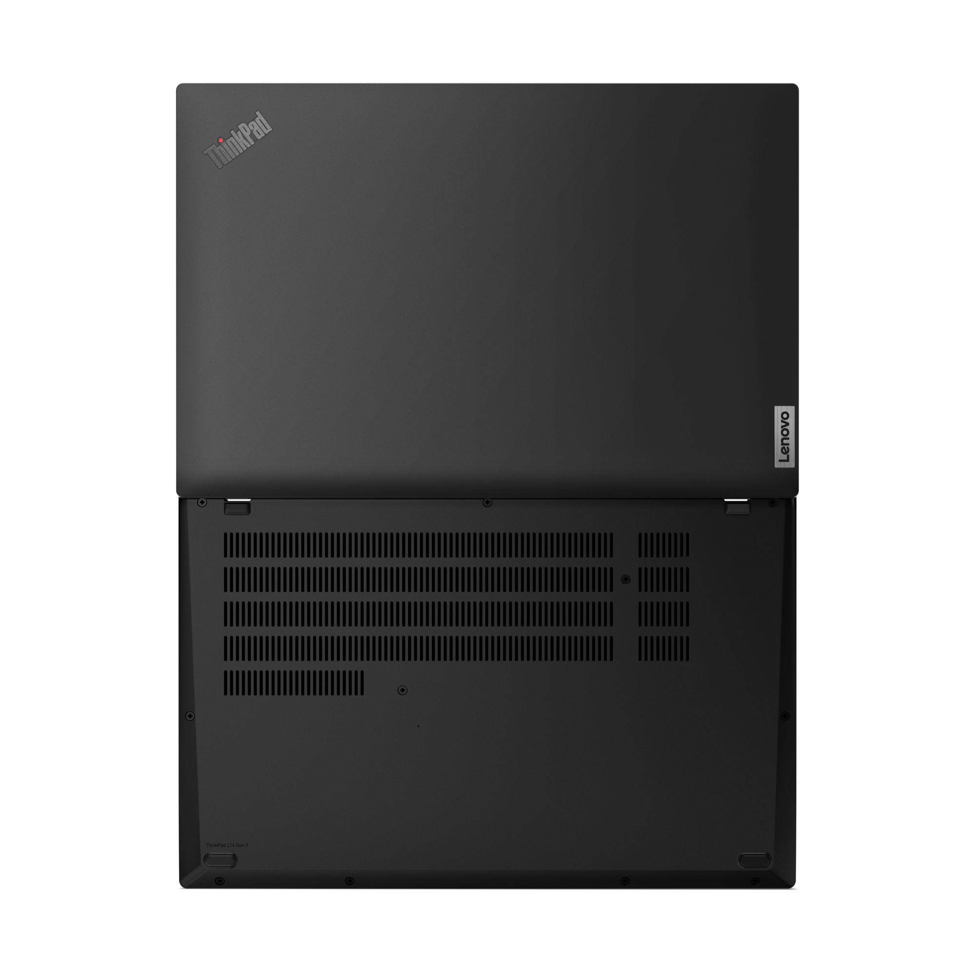 Oberseite eines schwarzen Lenovo ThinkPad L14 Gen 3 Laptops mit geöffnetem Deckel.