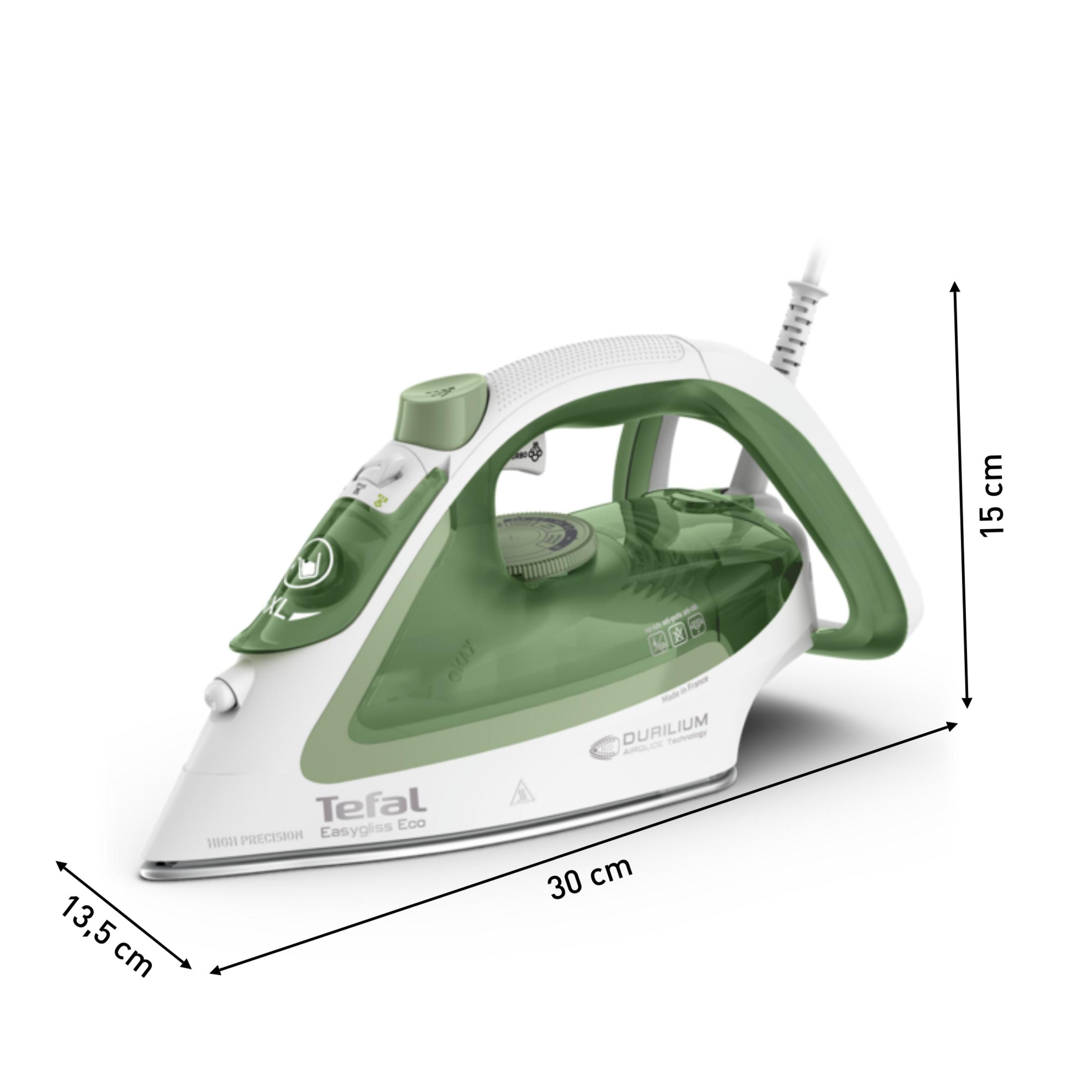 Un ferro da stiro Tefal bianco e verde con dimensioni: 30 cm, 15 cm, 13,5 cm.