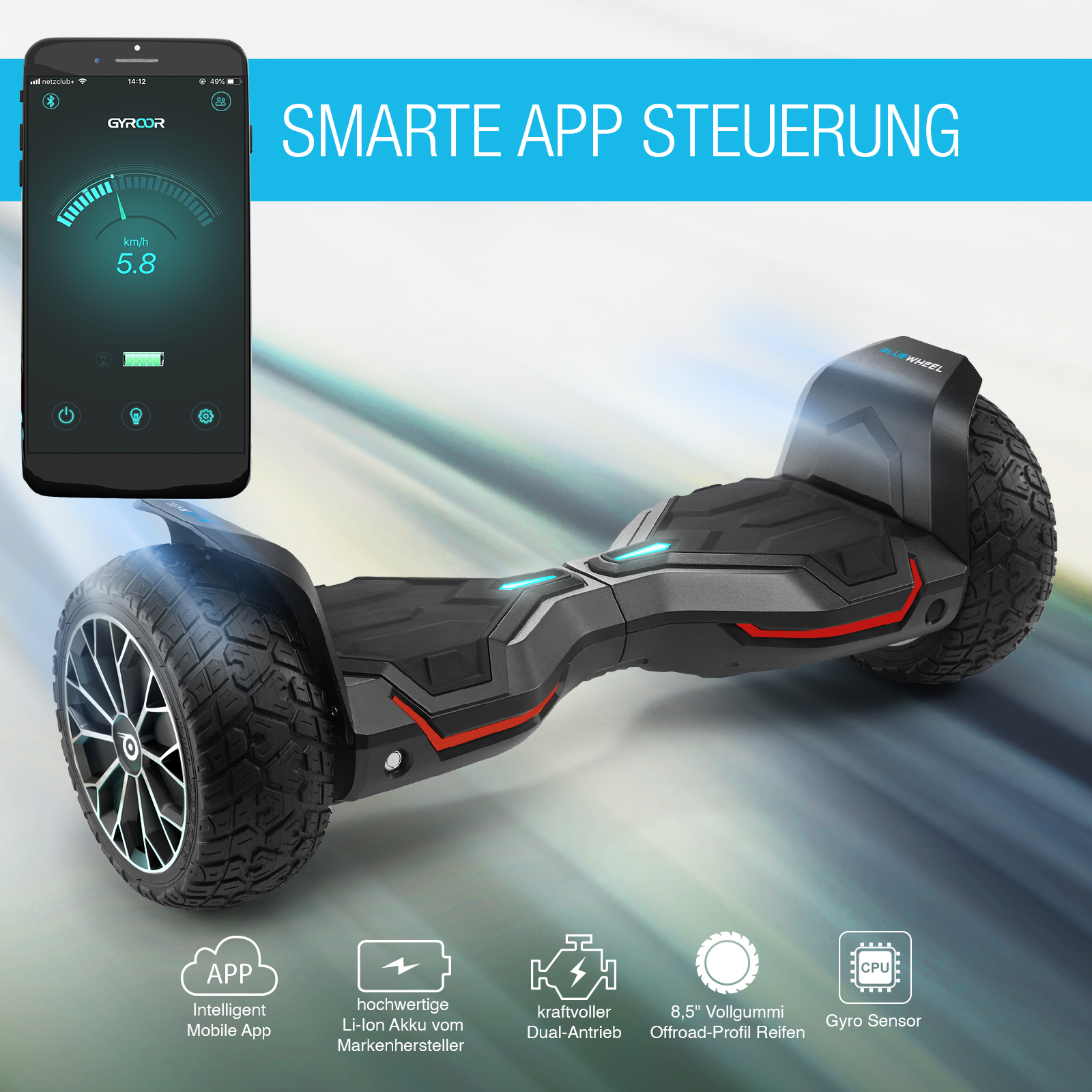 Ein schwarzer Hoverboard mit App-Steuerung und einem Smartphone daneben.