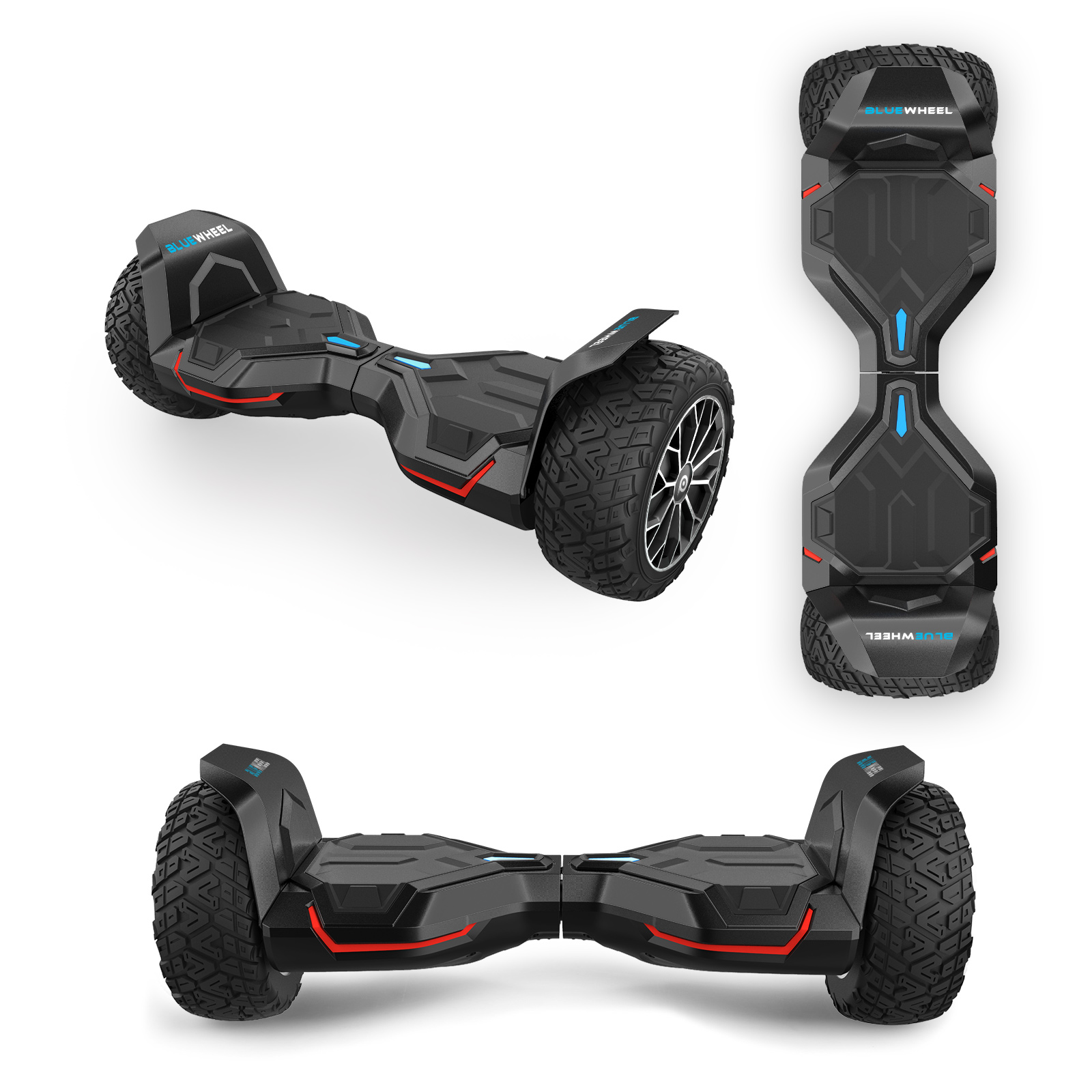 Schwarzer Hoverboard mit grobstolligen Reifen, roten und blauen Lichtern.