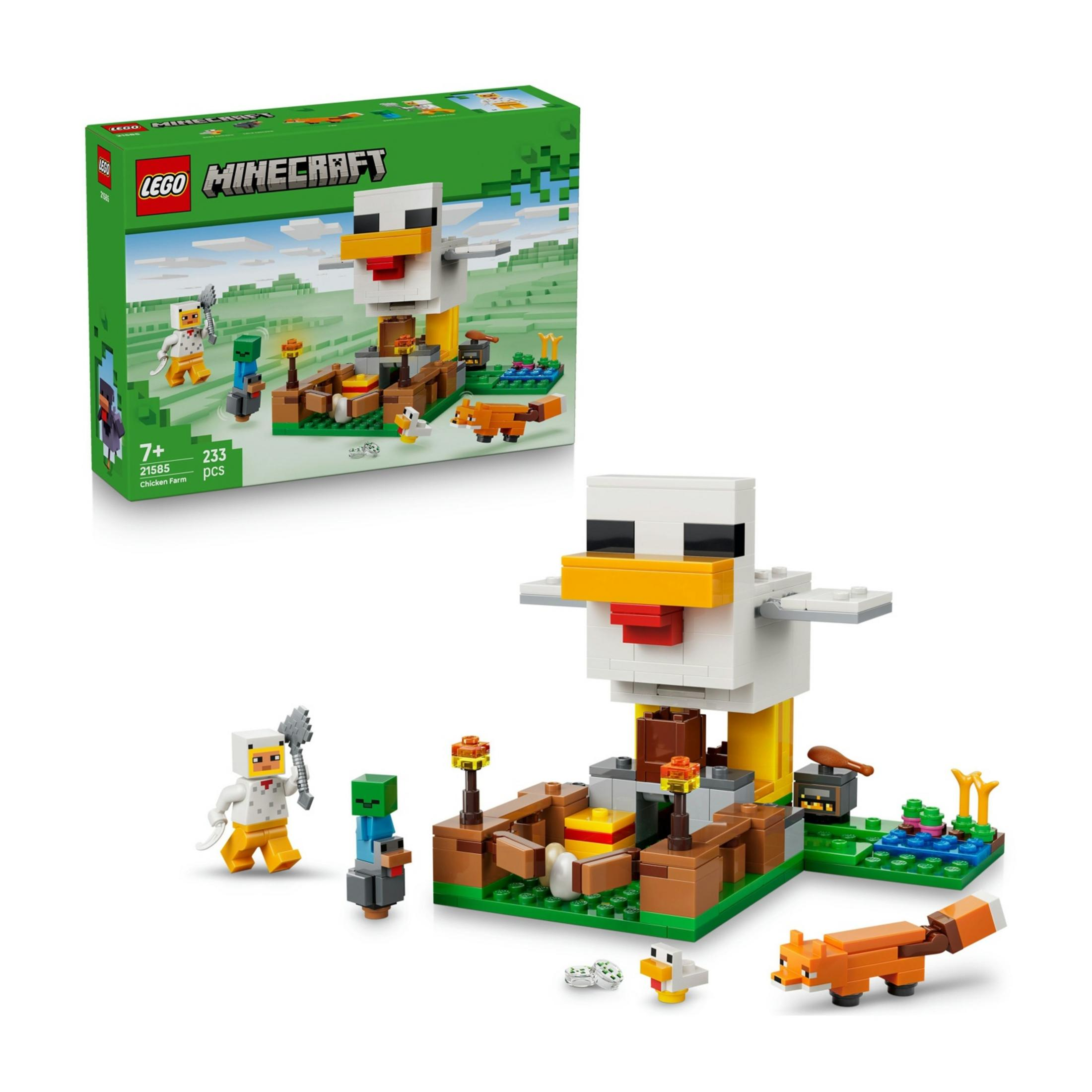 Zestaw LEGO Minecraft Farma Kurczaków z postaciami, kurczakiem, lisem i chatką.