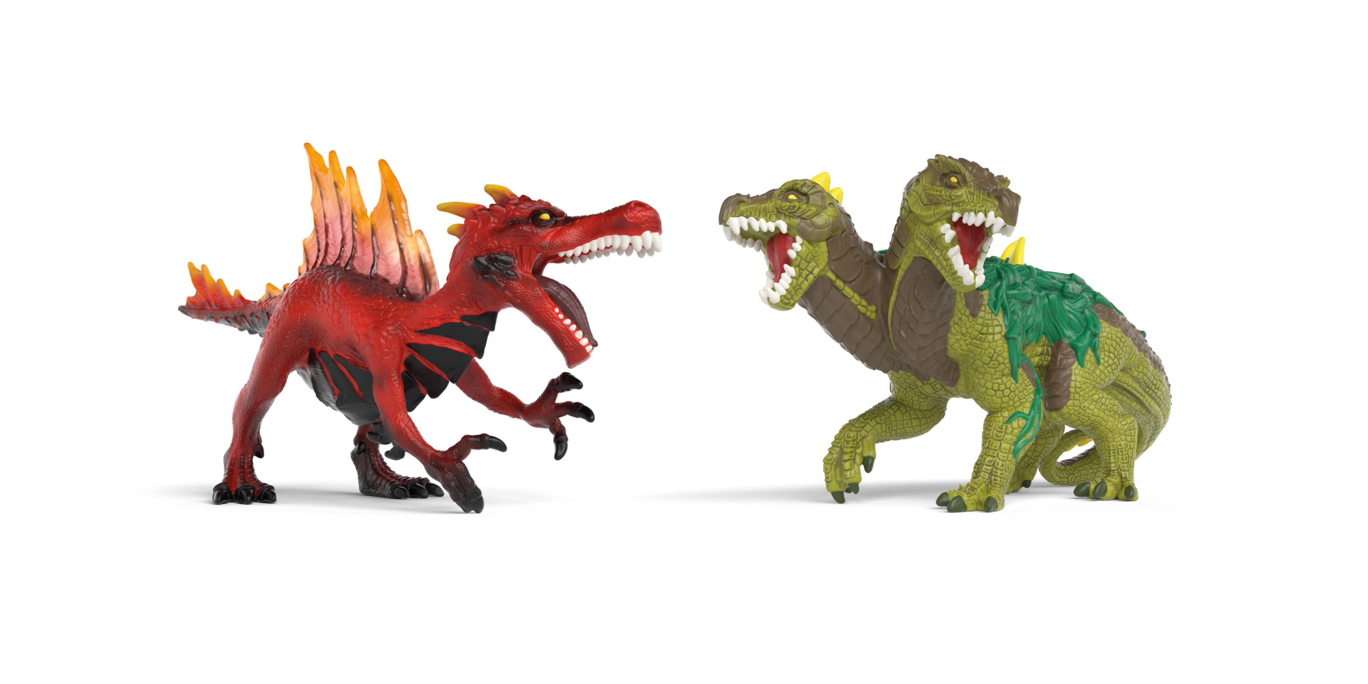 Zwei Dinosaurier-Spielzeuge: ein roter Spinosaurus und ein grüner, zweiköpfiger Dinosaurier.