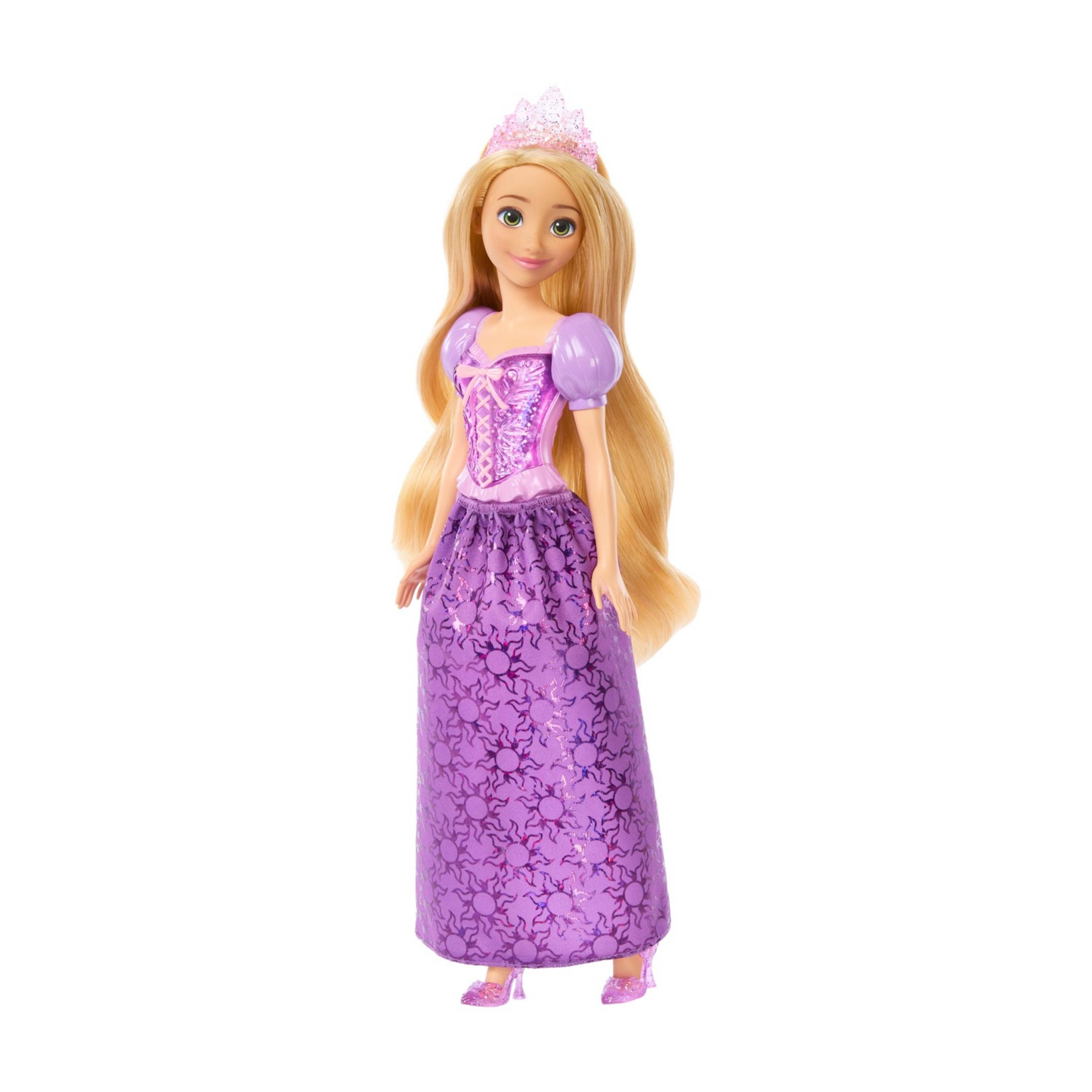 Eine Puppe mit langen blonden Haaren, einem lila Kleid und einer Tiara.