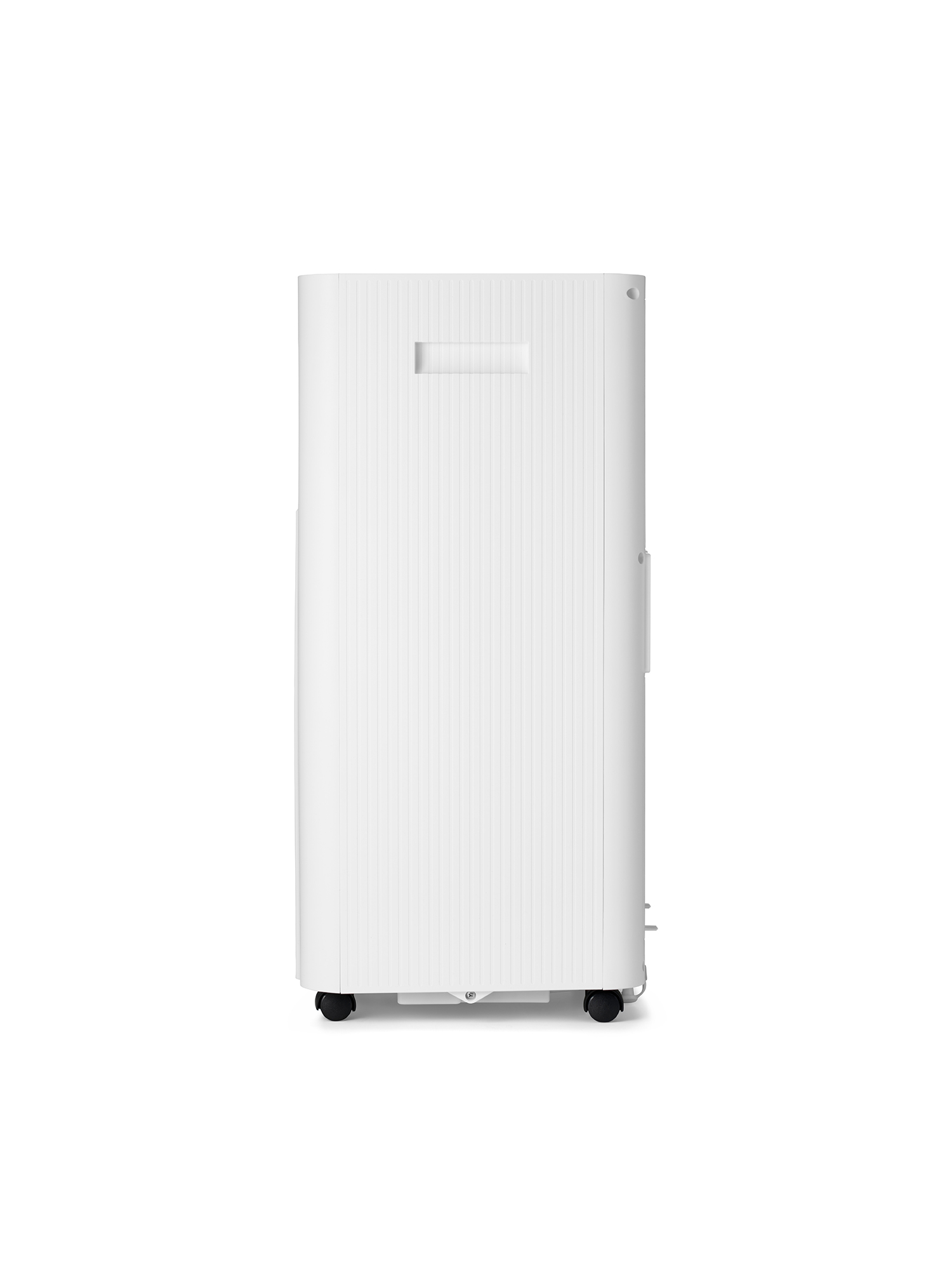 Un climatizzatore bianco, a coste verticali, con ruote e maniglia.