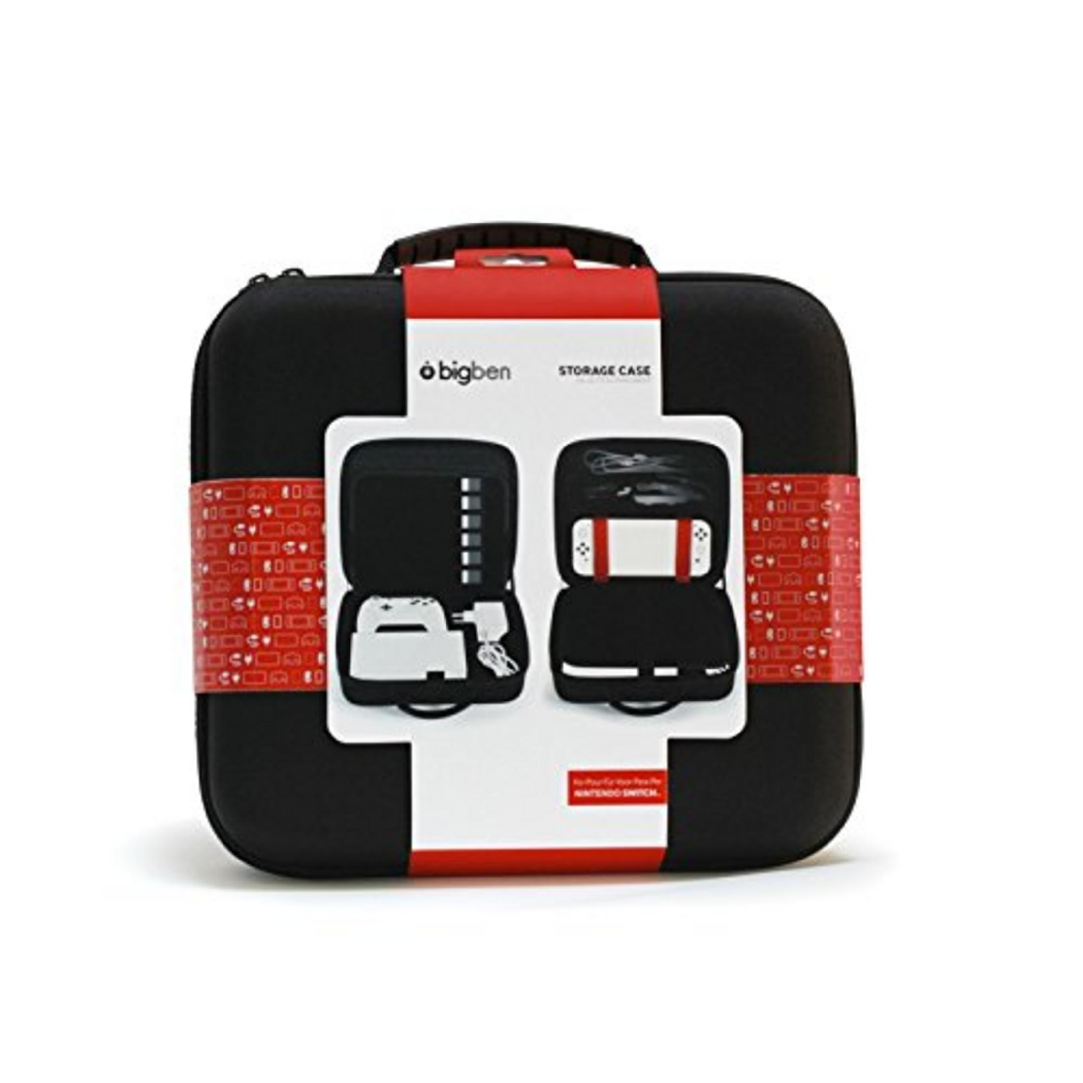 Black storage case with red band, displaying Nintendo Switch accessories.