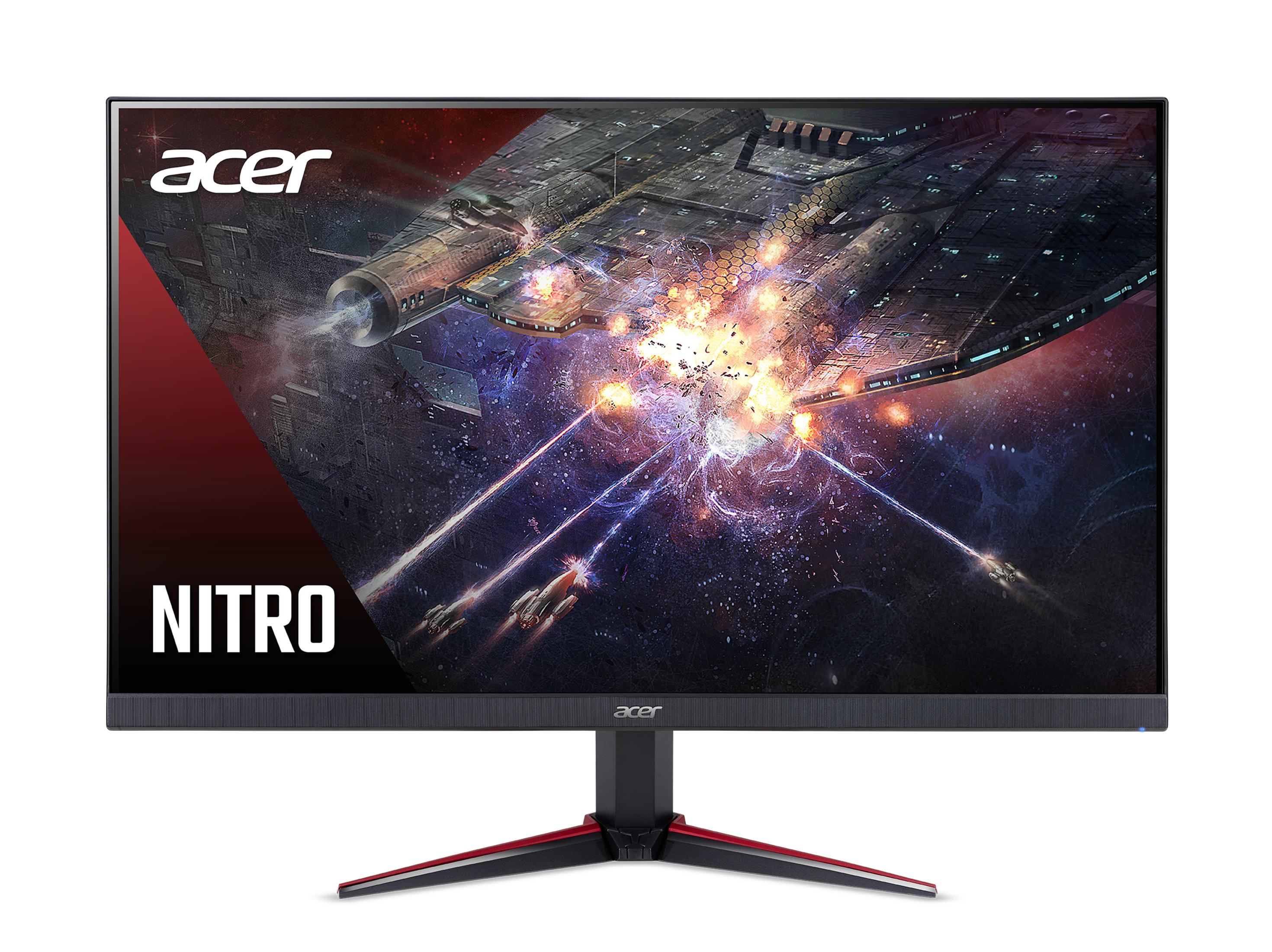 Monitor Acer Nitro mostra battaglia spaziale con astronavi ed esplosioni.