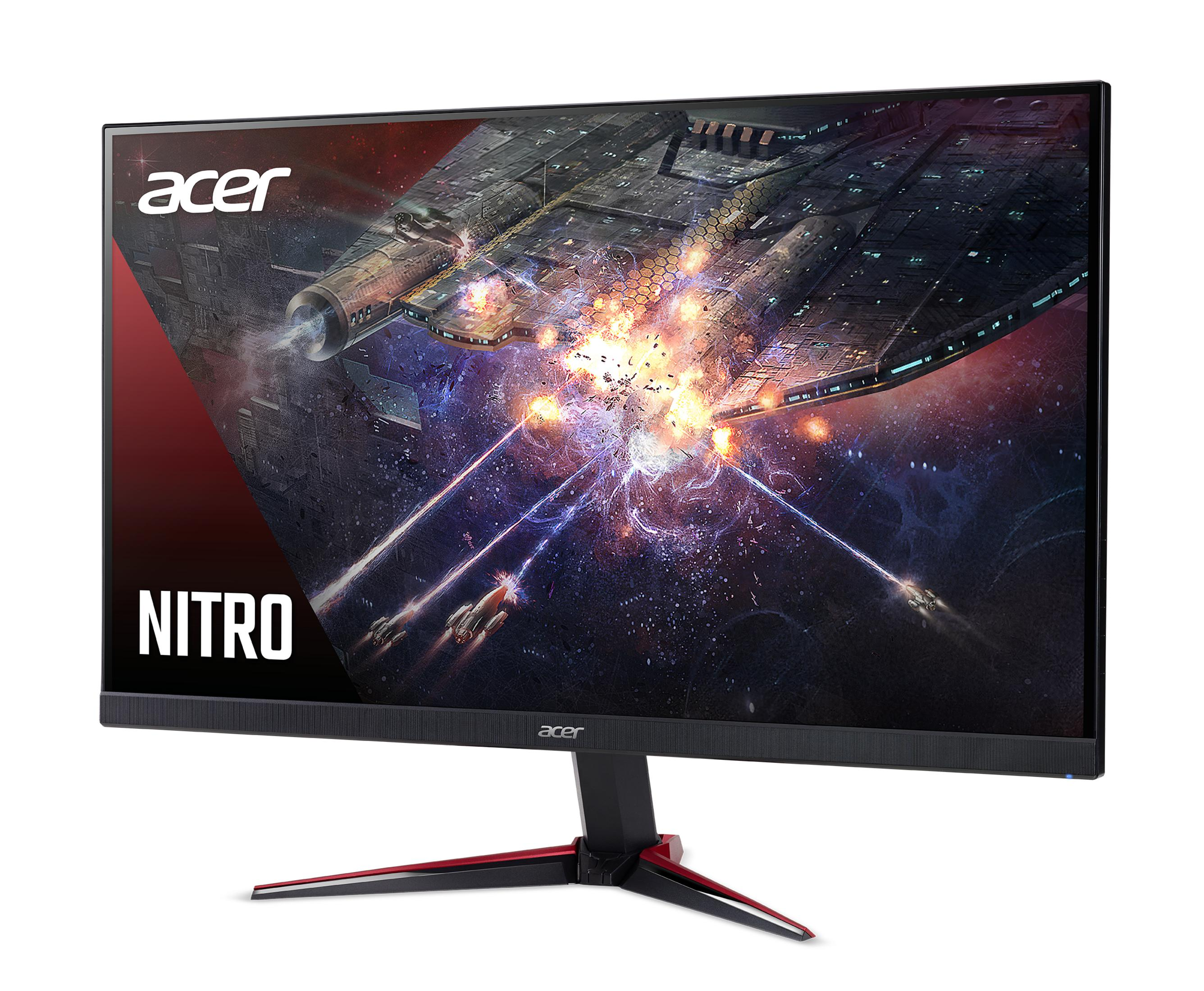 Un monitor gaming Acer Nitro mostra una battaglia spaziale con navi ed esplosioni.