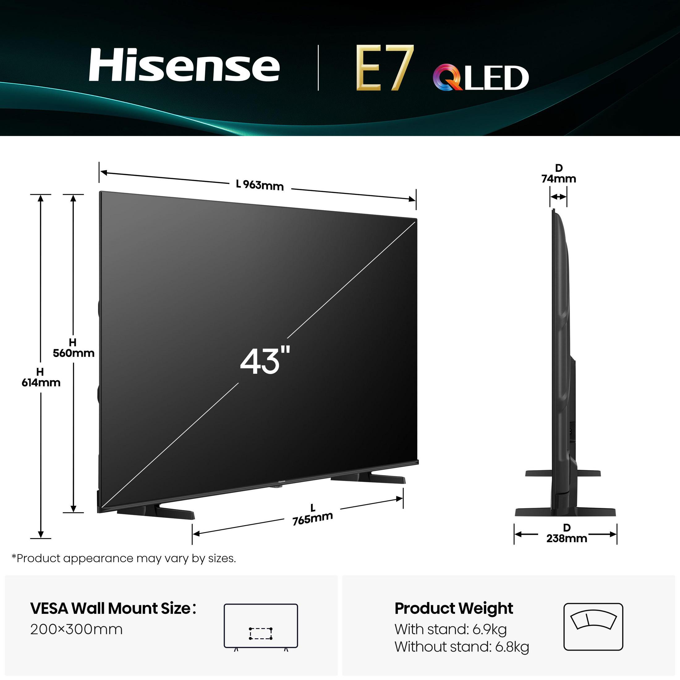 Un televisor Hisense de 43 pulgadas mostrando dimensiones, montaje VESA y peso.