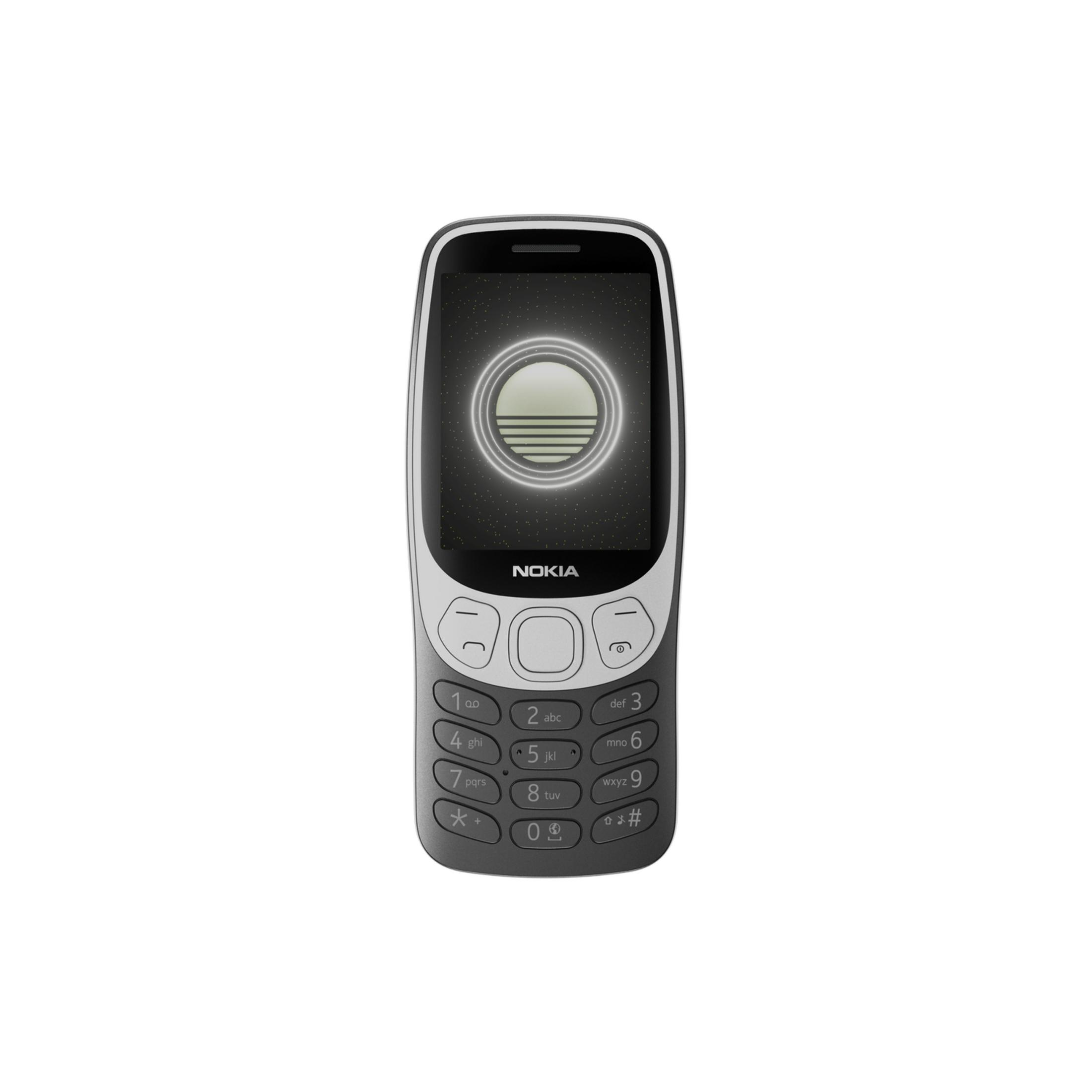 Un telefono Nokia grigio con un motivo circolare sullo schermo.