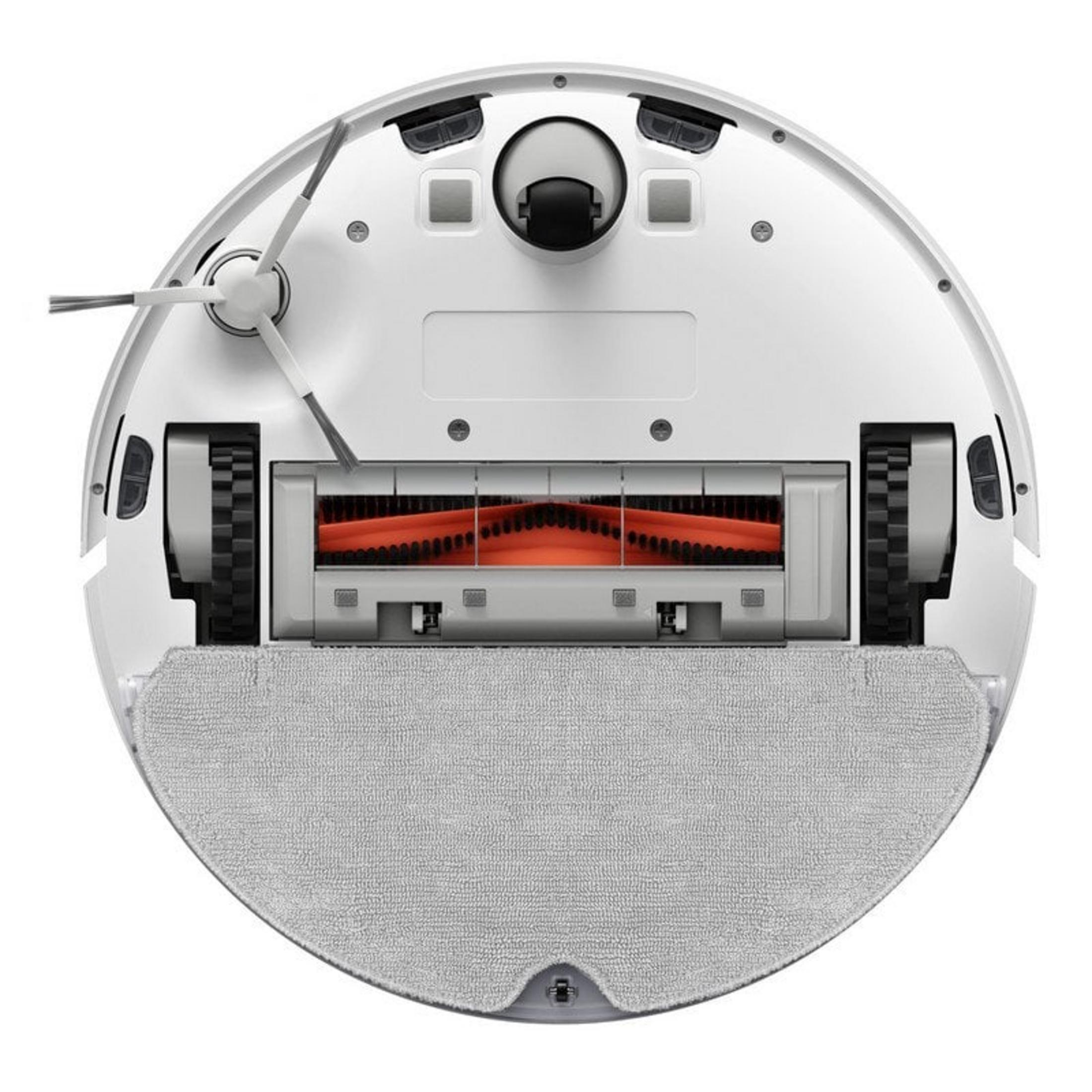Parte inferiore di un robot aspirapolvere bianco con spazzole, ruote e panno grigio.