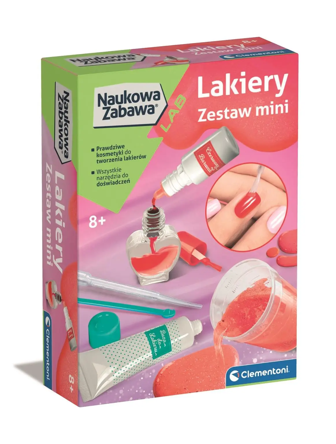 Pudełko zestawu do lakierów dla dzieci, pokazujące butelki i narzędzia.