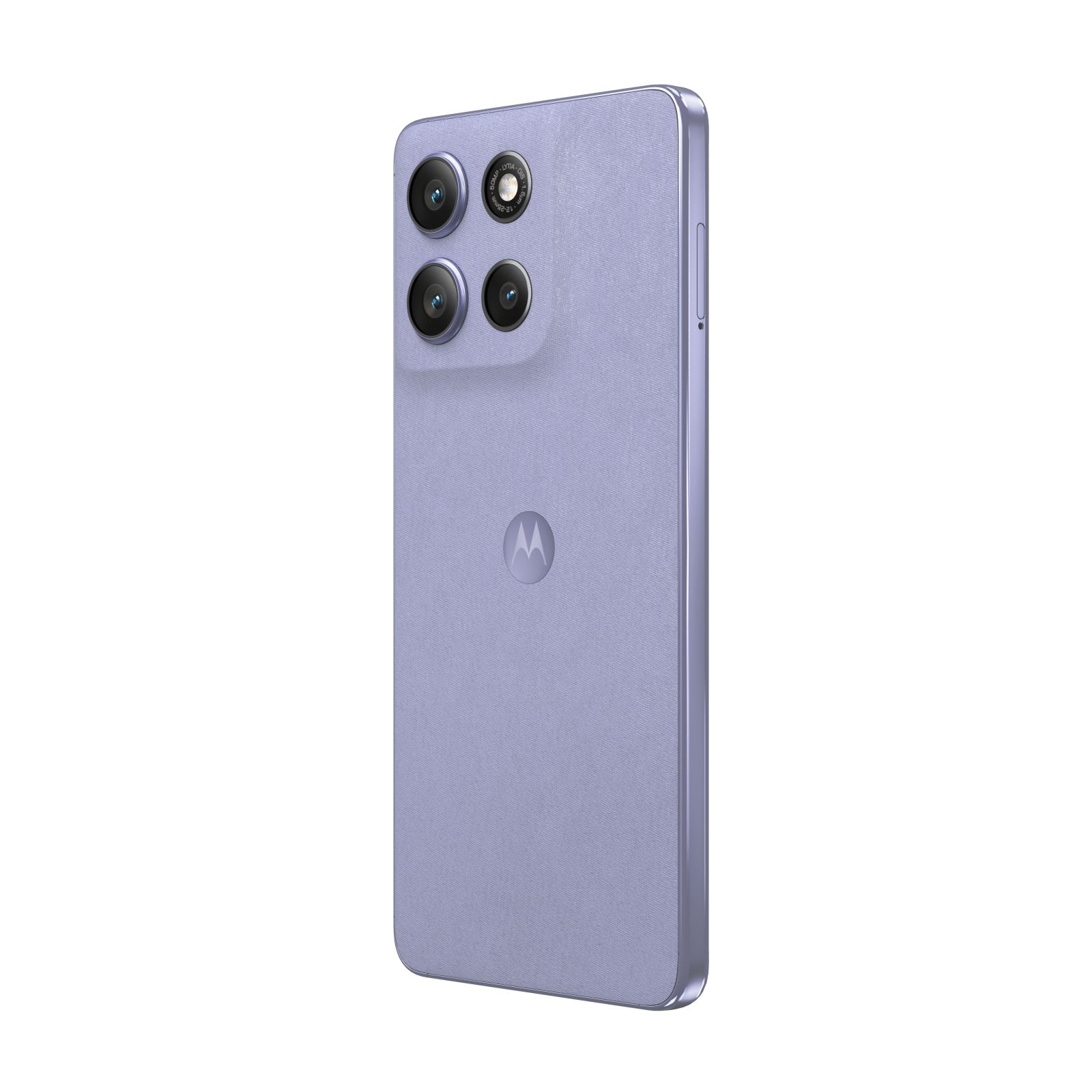 Ein lavendelfarbenes Smartphone mit drei Kameras und einem Motorola-Logo.