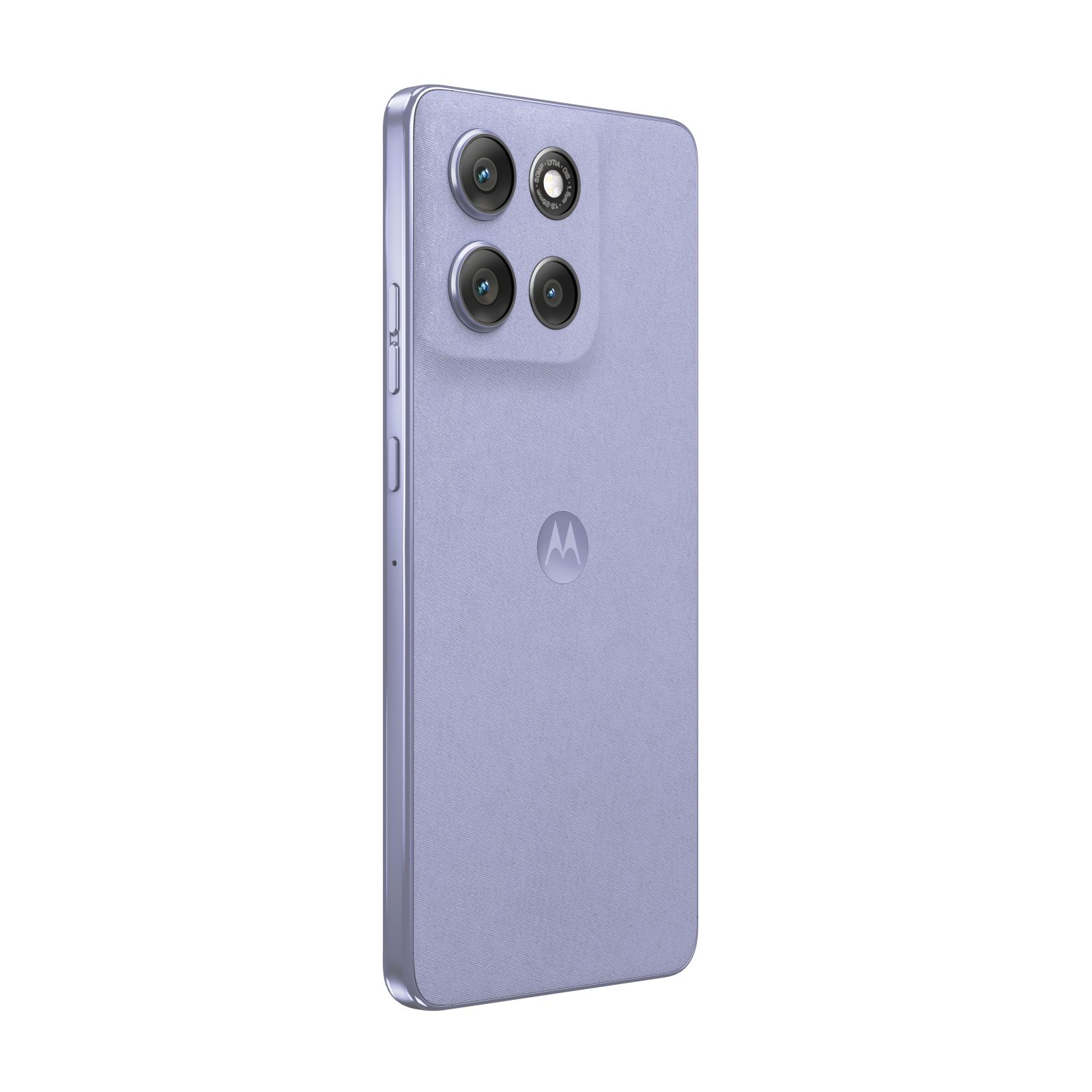 Ein lilafarbenes Smartphone mit drei Kameras und einem Motorola-Logo auf der Rückseite.