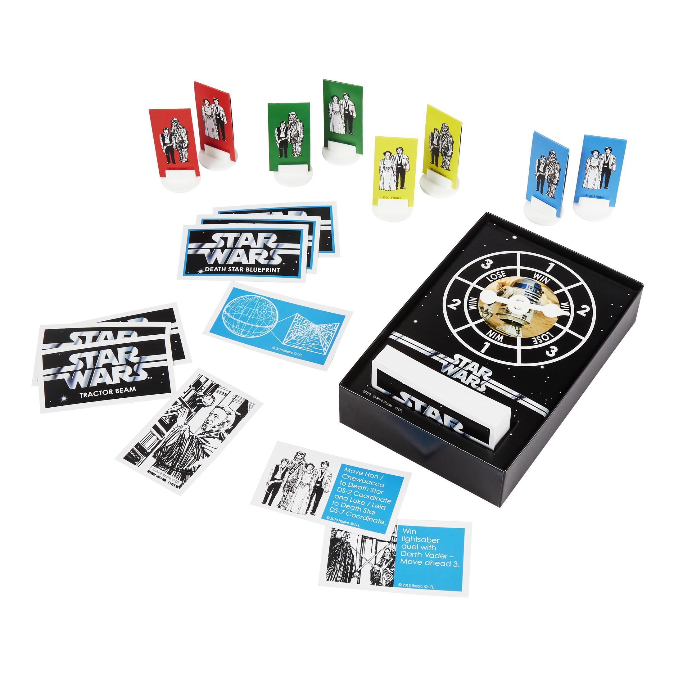 Star Wars Spielbrett mit Figuren, Karten und einem Spinner mit R2-D2.