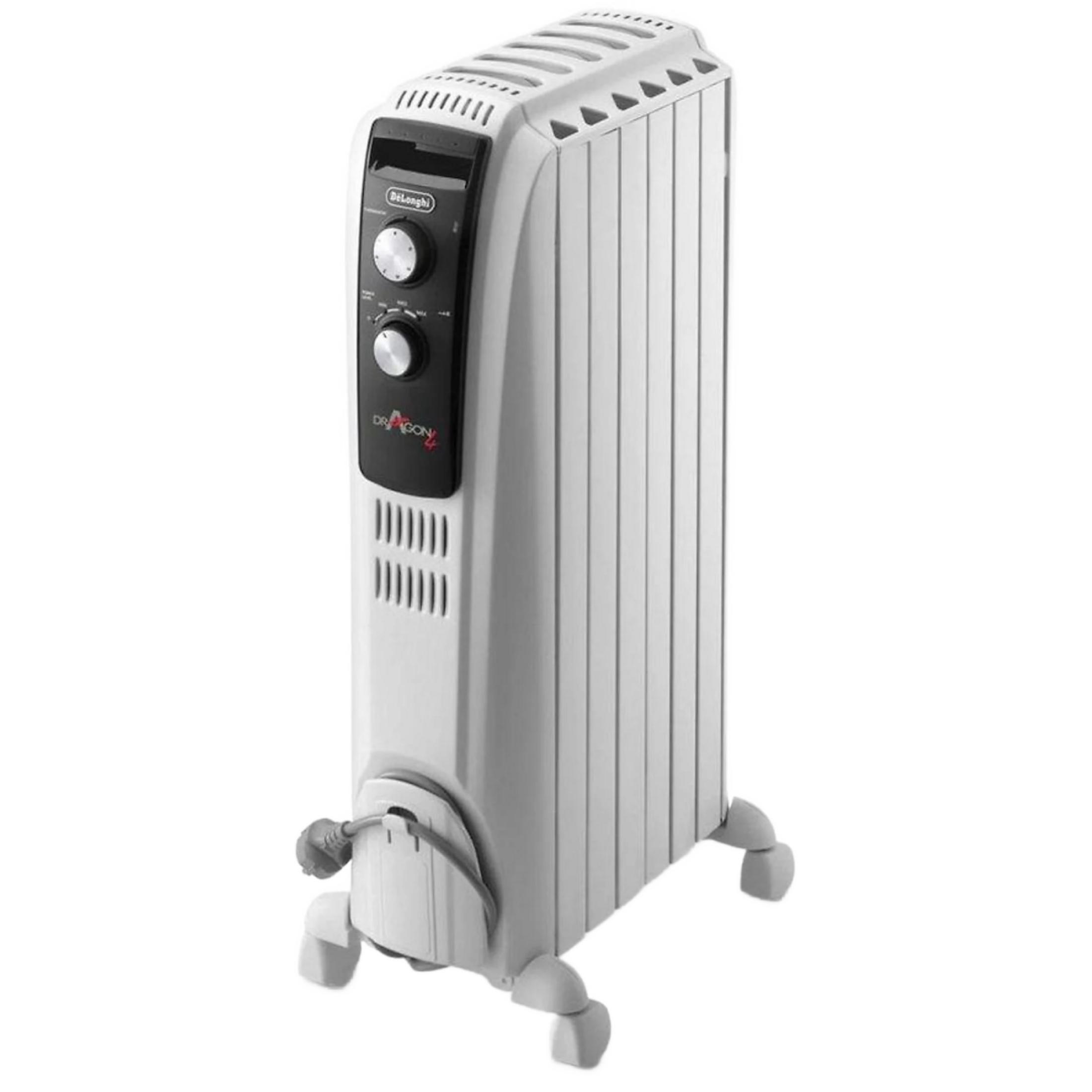 Un radiatore a olio bianco DeLonghi con ruote e manopole.