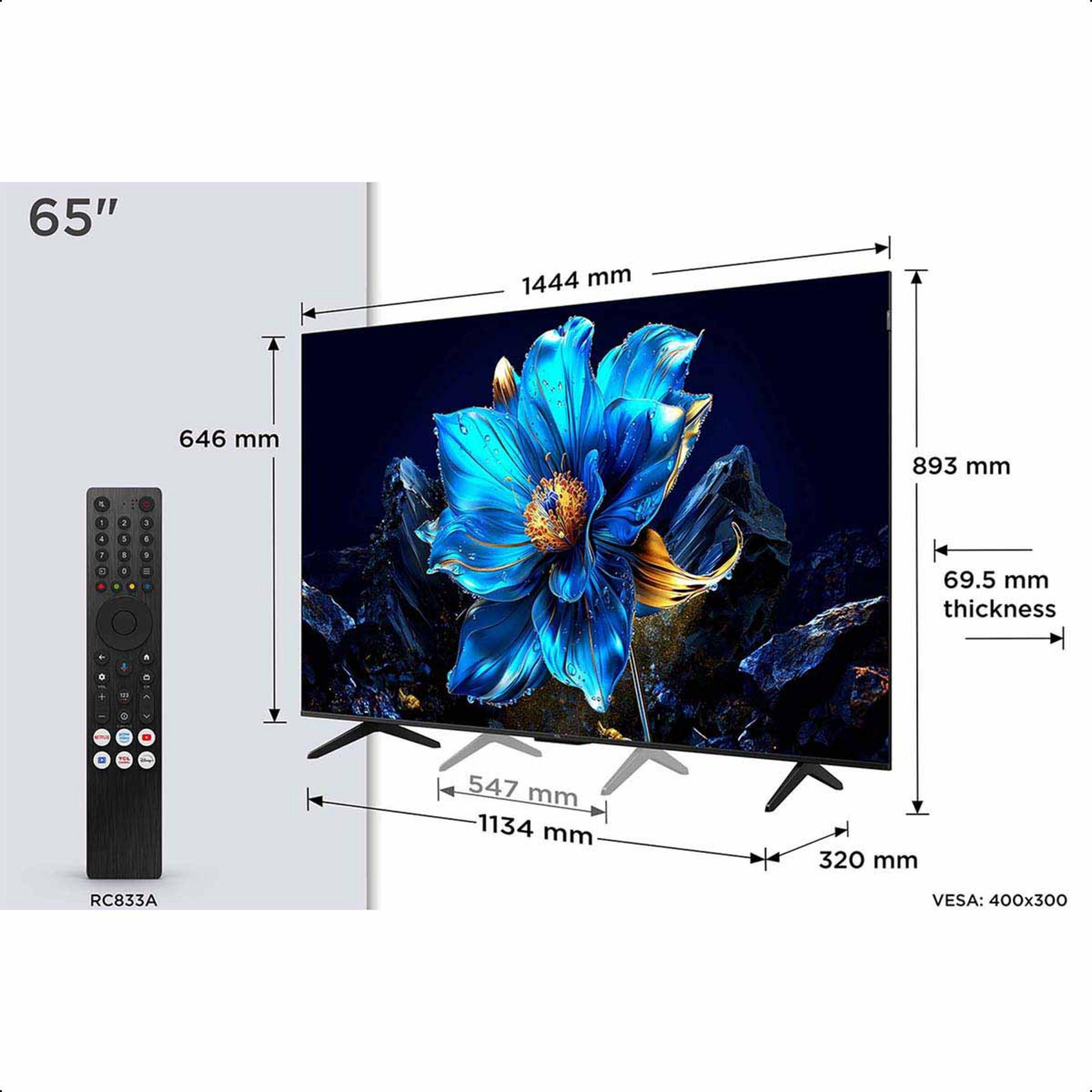 Un televisor de 65 pulgadas con dimensiones y mando. Presenta imagen de flor azul.