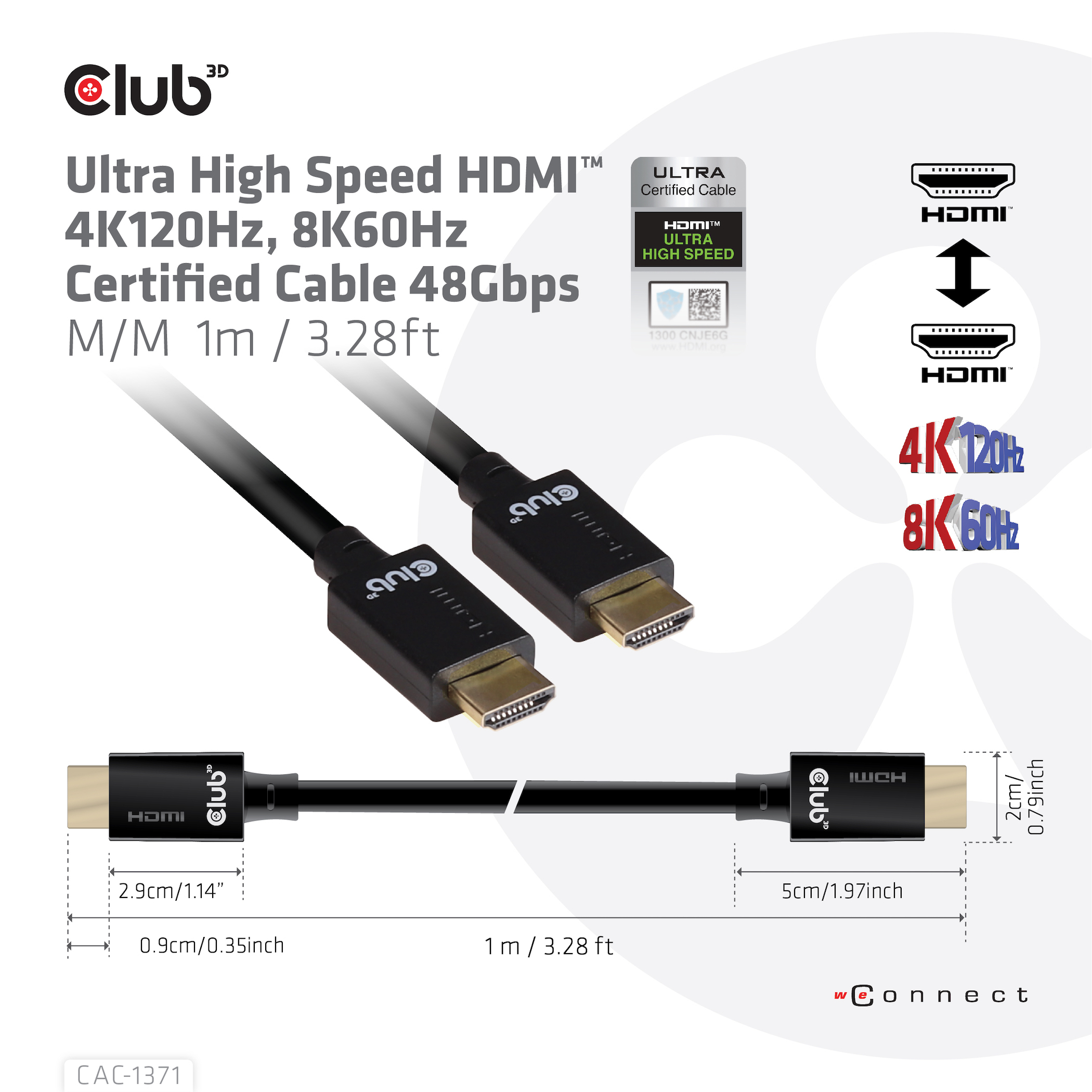 Club 3D Ultra High Speed HDMI Kabel 1m mit 4K120Hz, 8K60Hz.