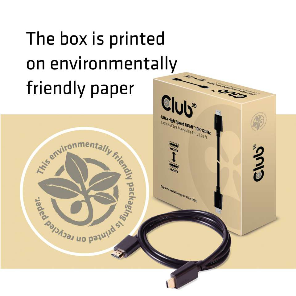 Club 3D HDMI-Kabel und Box mit umweltfreundlichem Papiermotiv. Kabel auf beigem Hintergrund.