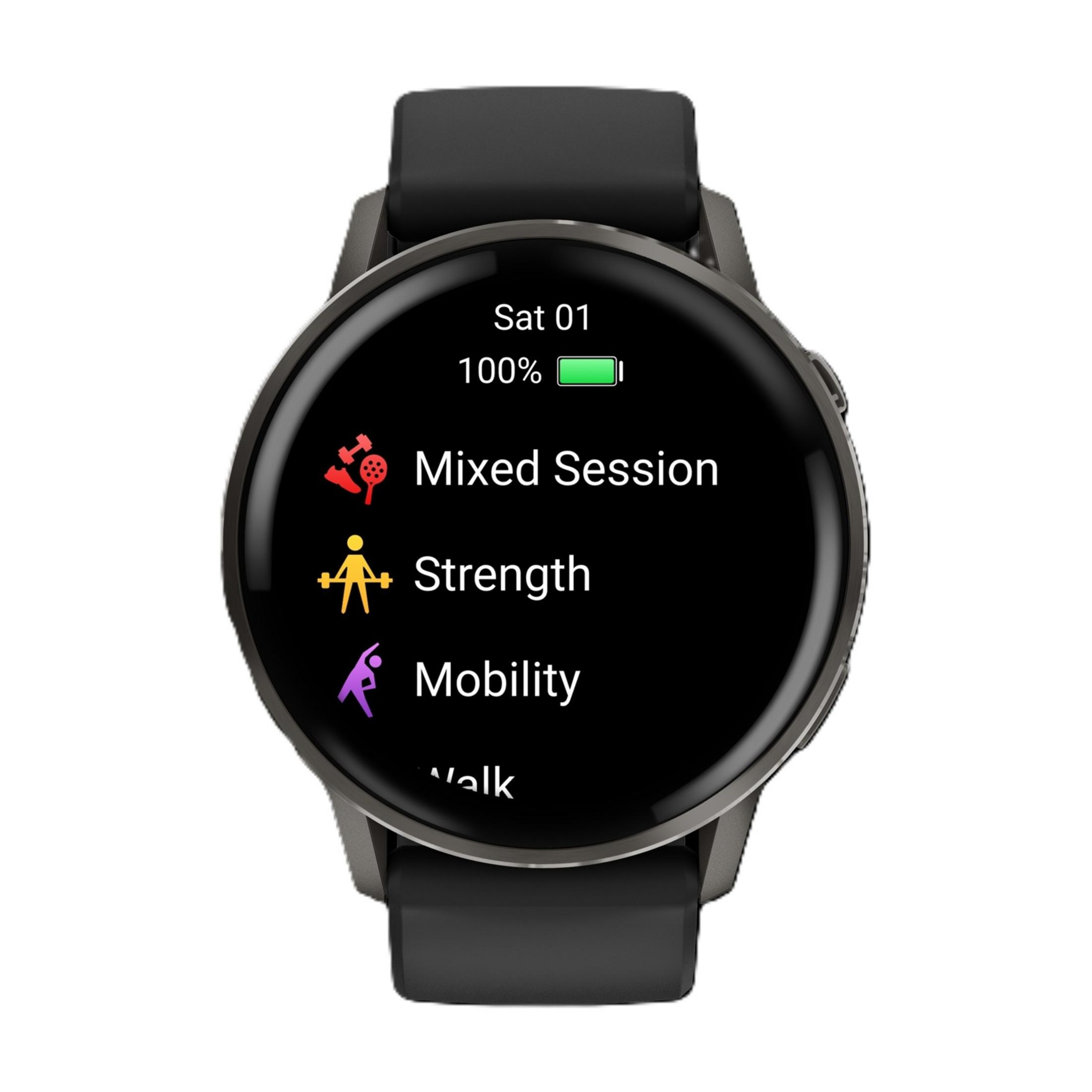 Uno smartwatch nero mostra Sab 01, 100% batteria e tipi di allenamento.