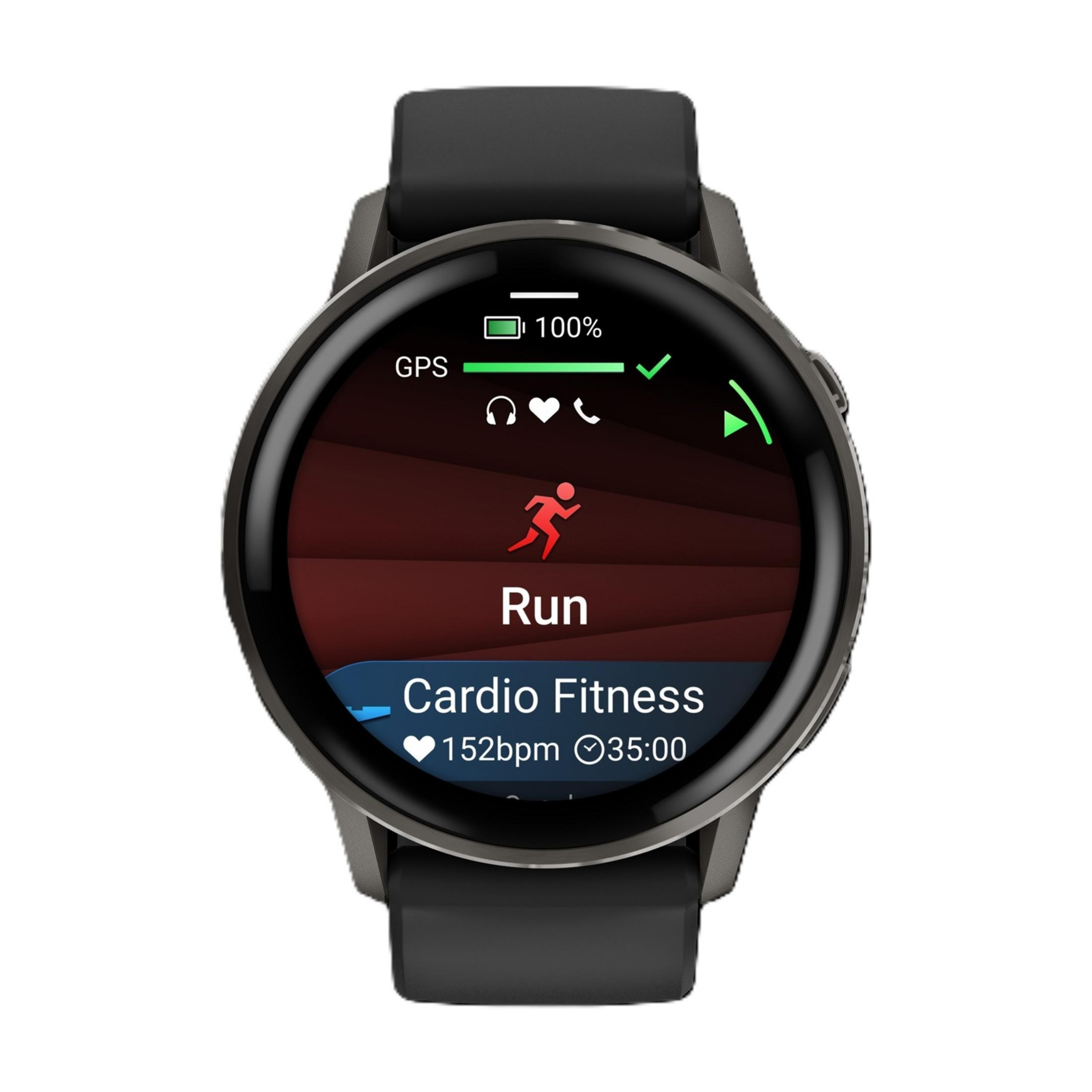 Uno smartwatch mostra la modalità corsa con 100% batteria, GPS.