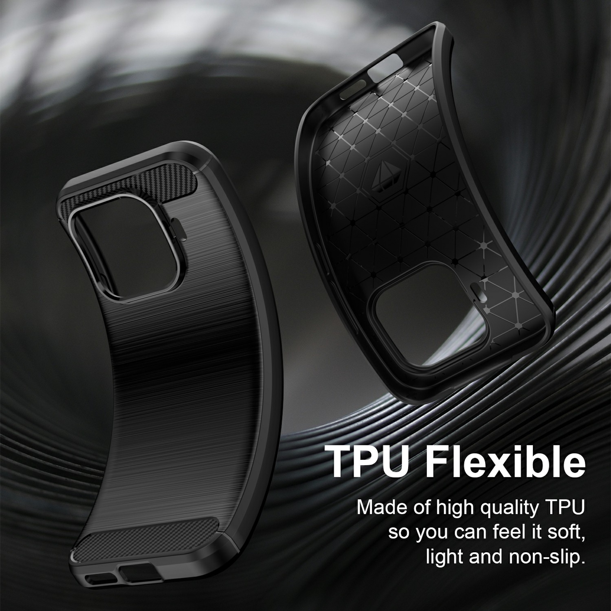 Zwei schwarze flexible TPU Handyhüllen auf einem dunklen Hintergrund.