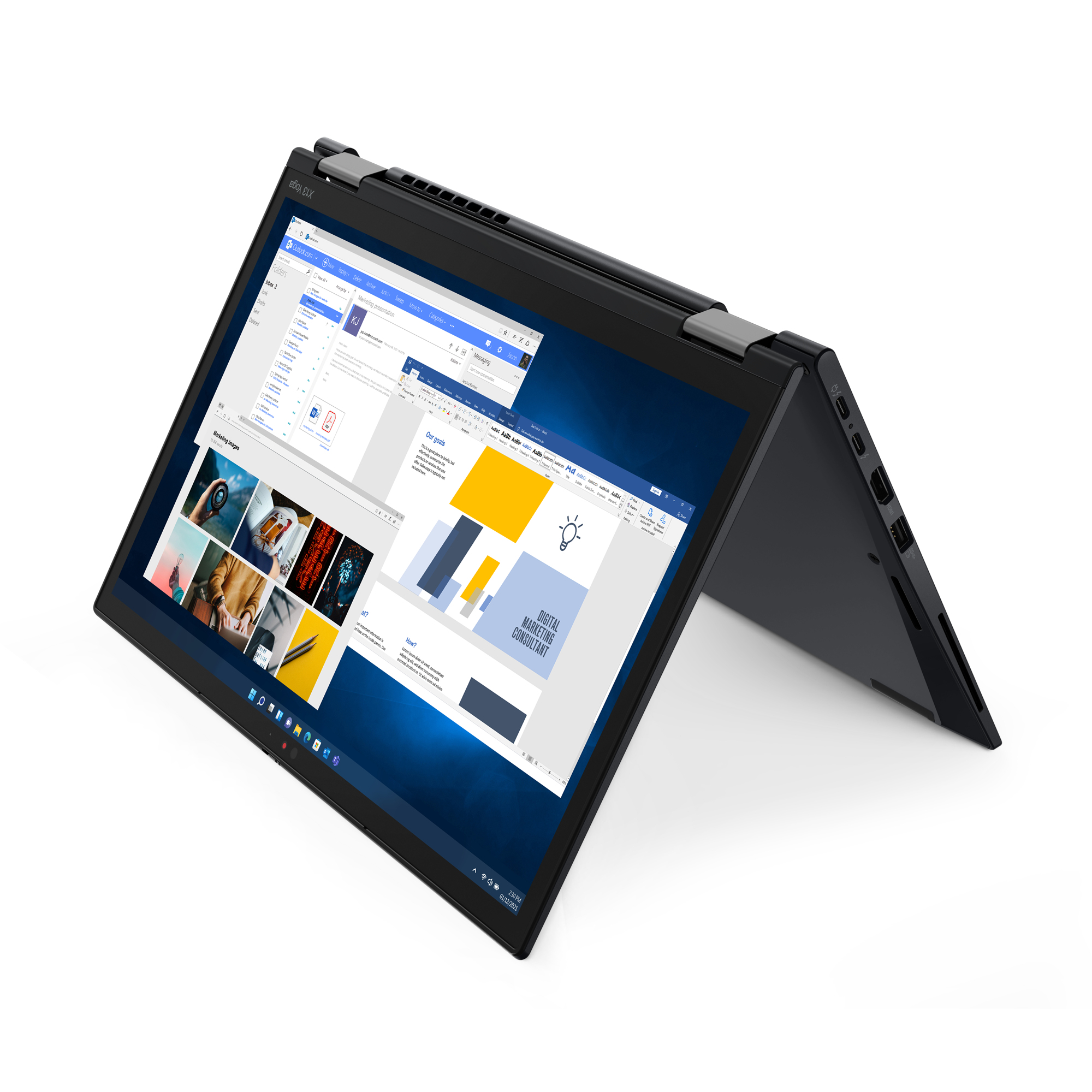 A black laptop with its screen open, displaying emails and documents.