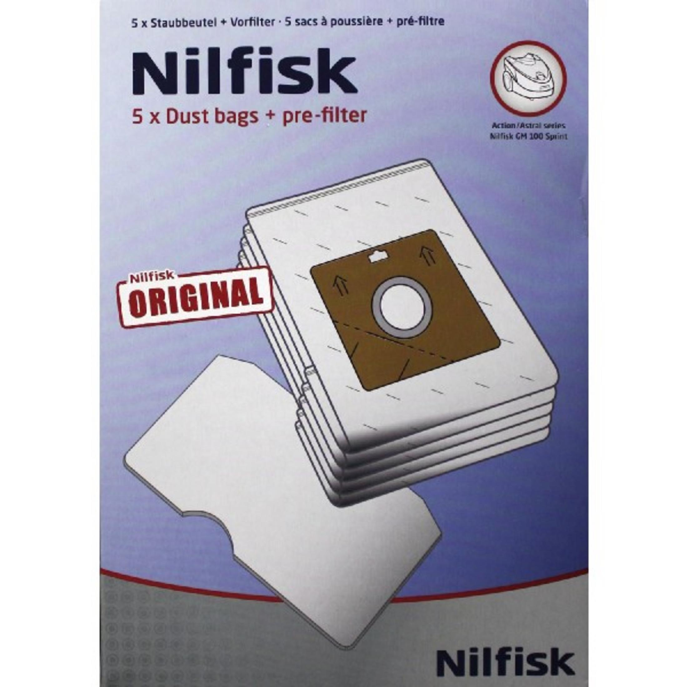 Paquete de bolsas y prefiltro Nilfisk con ilustración de aspiradora.