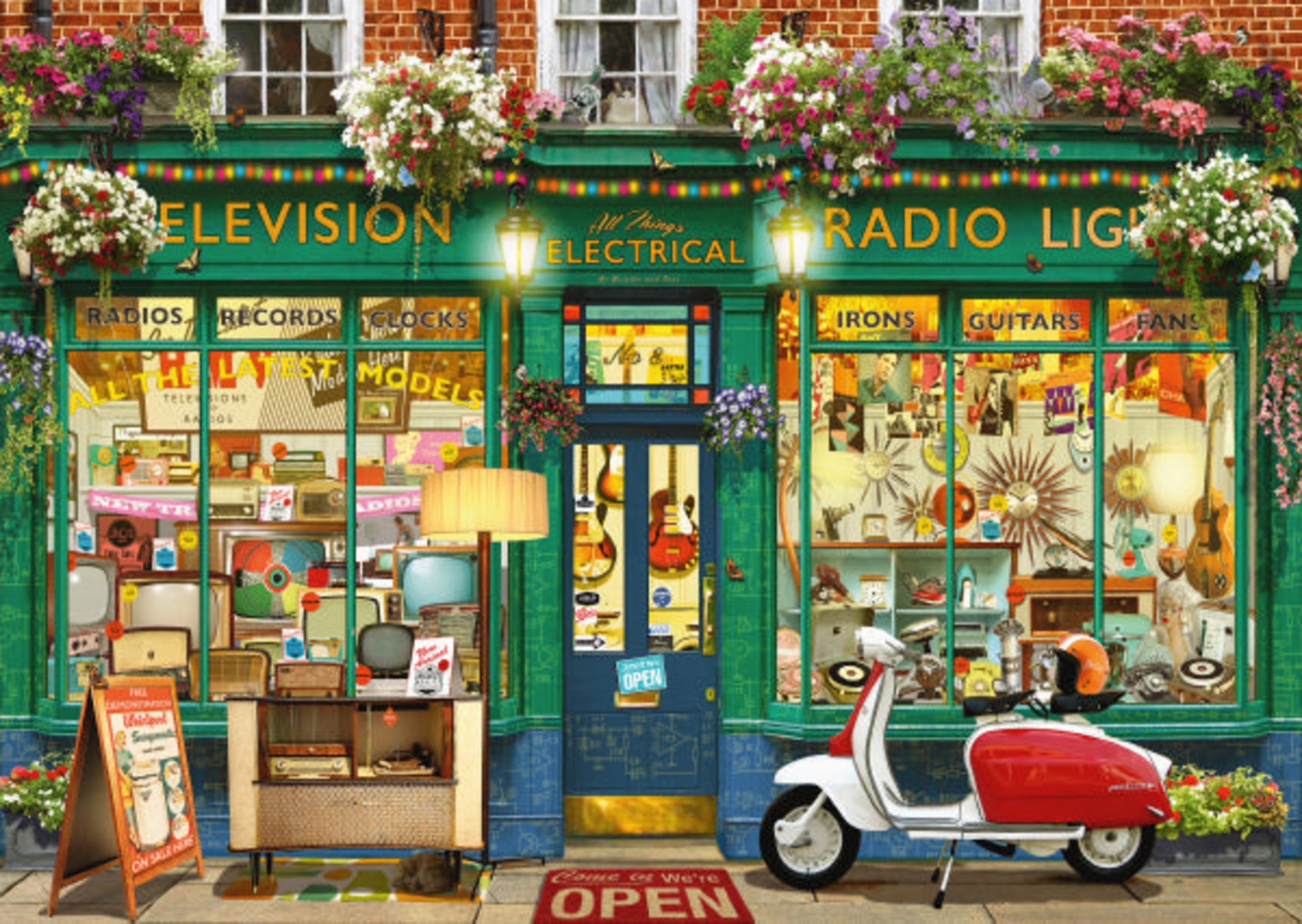 Una tienda de electrónica antigua con televisores, radios y una Vespa roja aparcada fuera.
