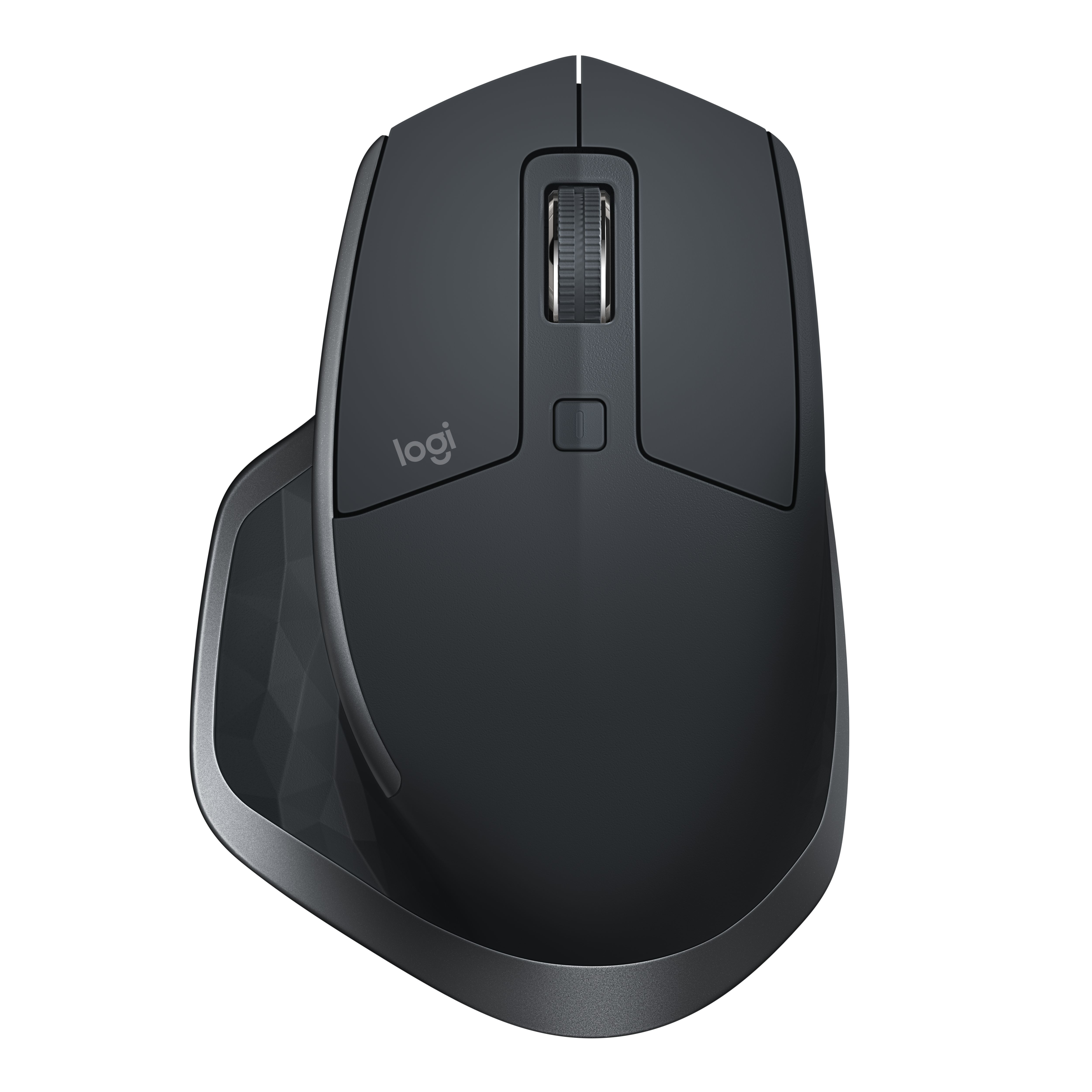 Un mouse Logitech scuro con rotella di scorrimento e poggiadito.