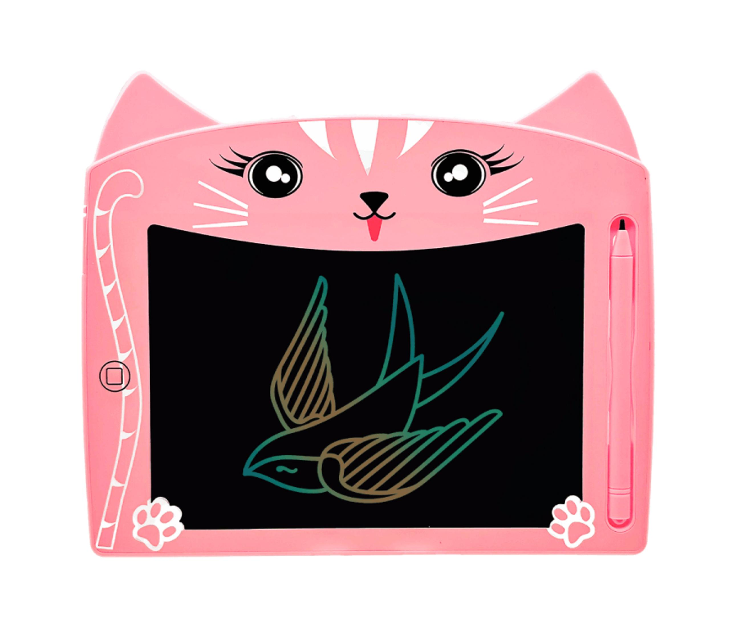 Una tavoletta LCD rosa a forma di gatto con stilo e disegno di uccello.