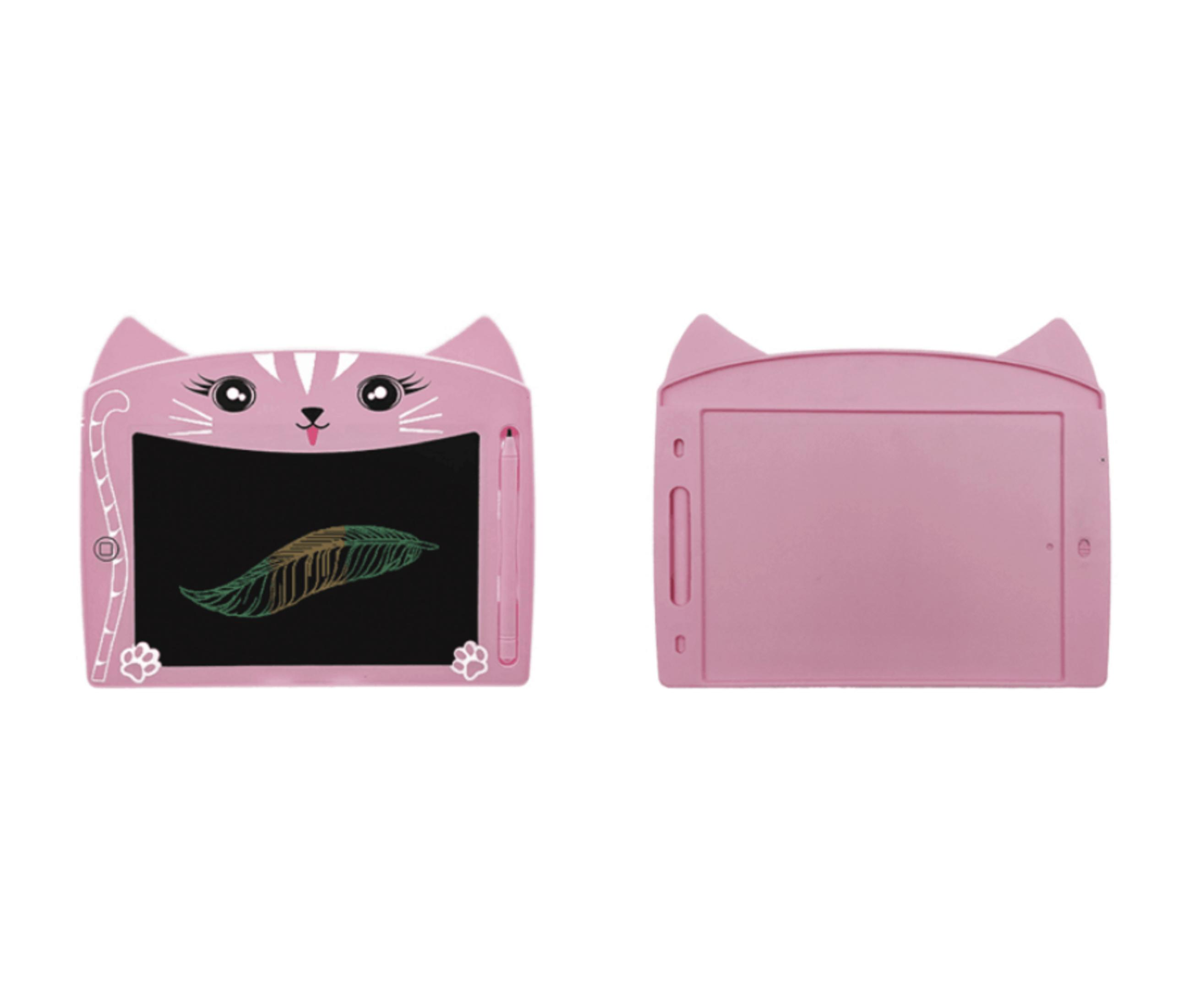 Tavoletta LCD rosa a forma di gatto con penna e disegno di piuma.