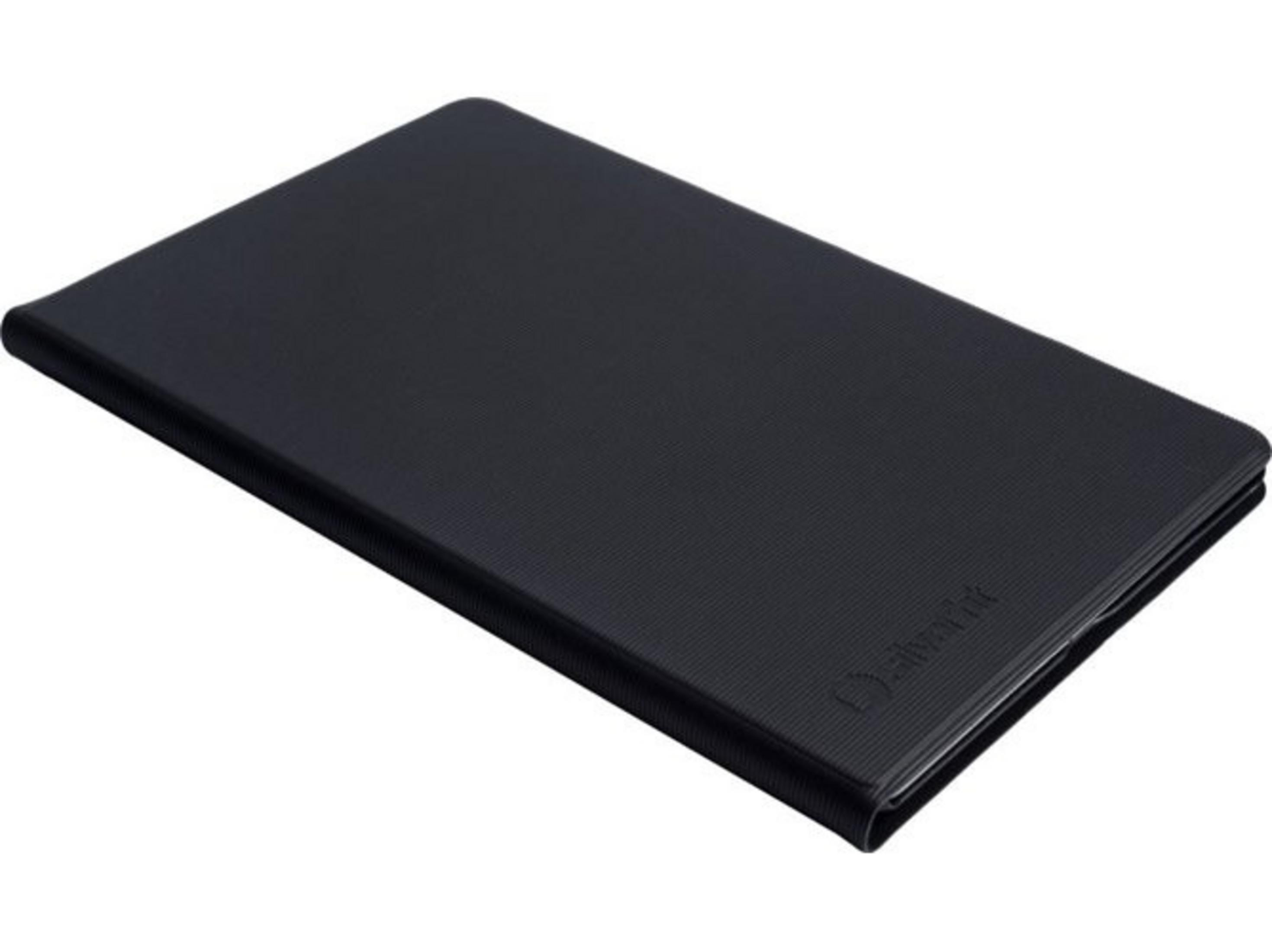 Funda negra para tableta con textura acanalada y logo.