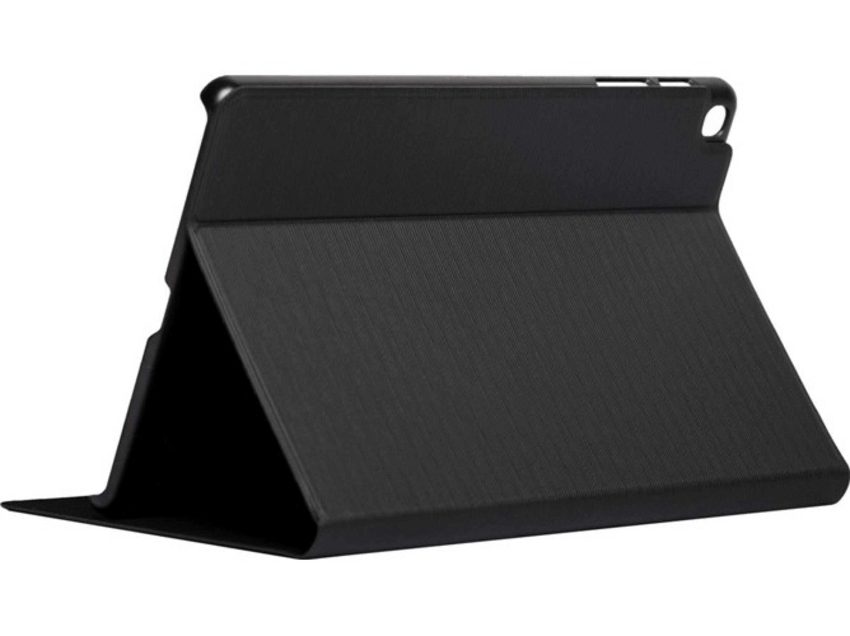 Funda negra para tableta en modo soporte, con panel frontal texturizado.