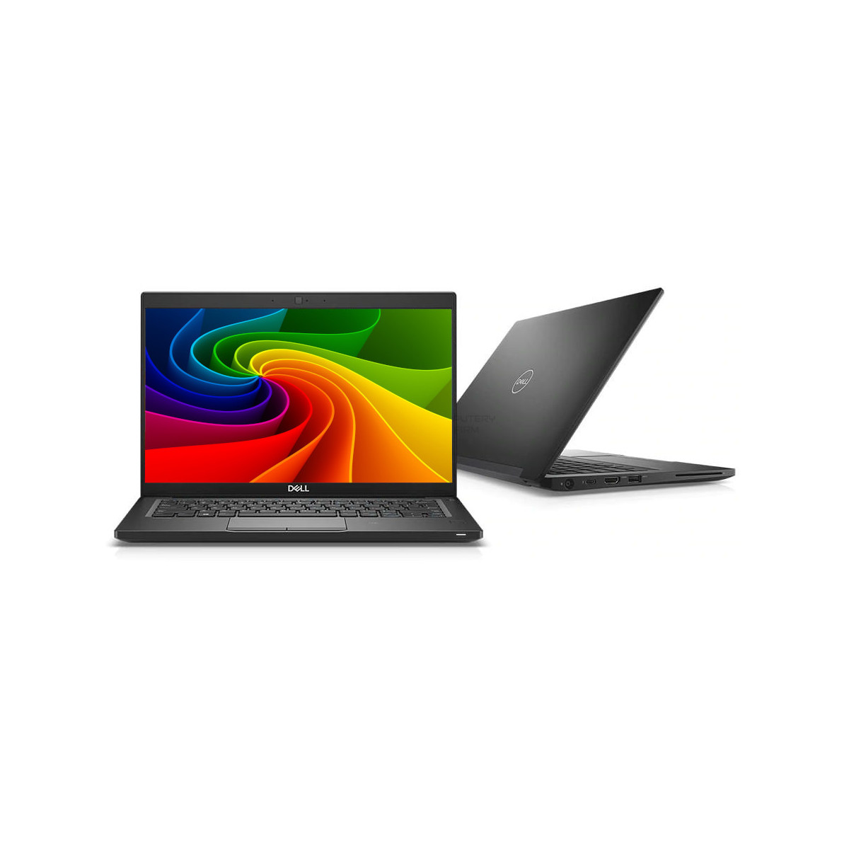 Zwei Dell Laptops auf weißem Hintergrund. Einer ist geöffnet mit buntem Hintergrundbild.