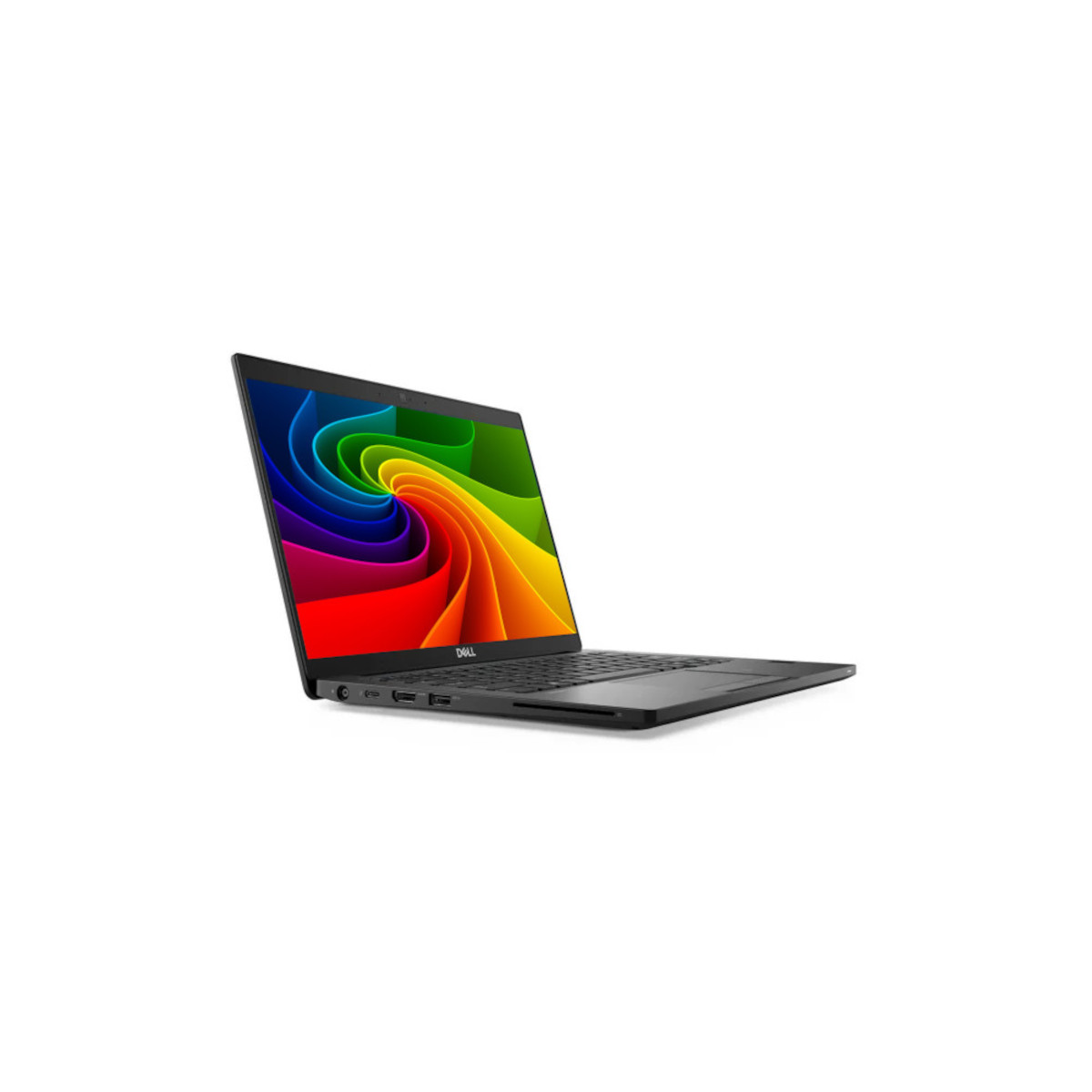 Ein schwarzer Dell Laptop mit einem Regenbogen-Wirbel-Hintergrund auf dem Bildschirm.