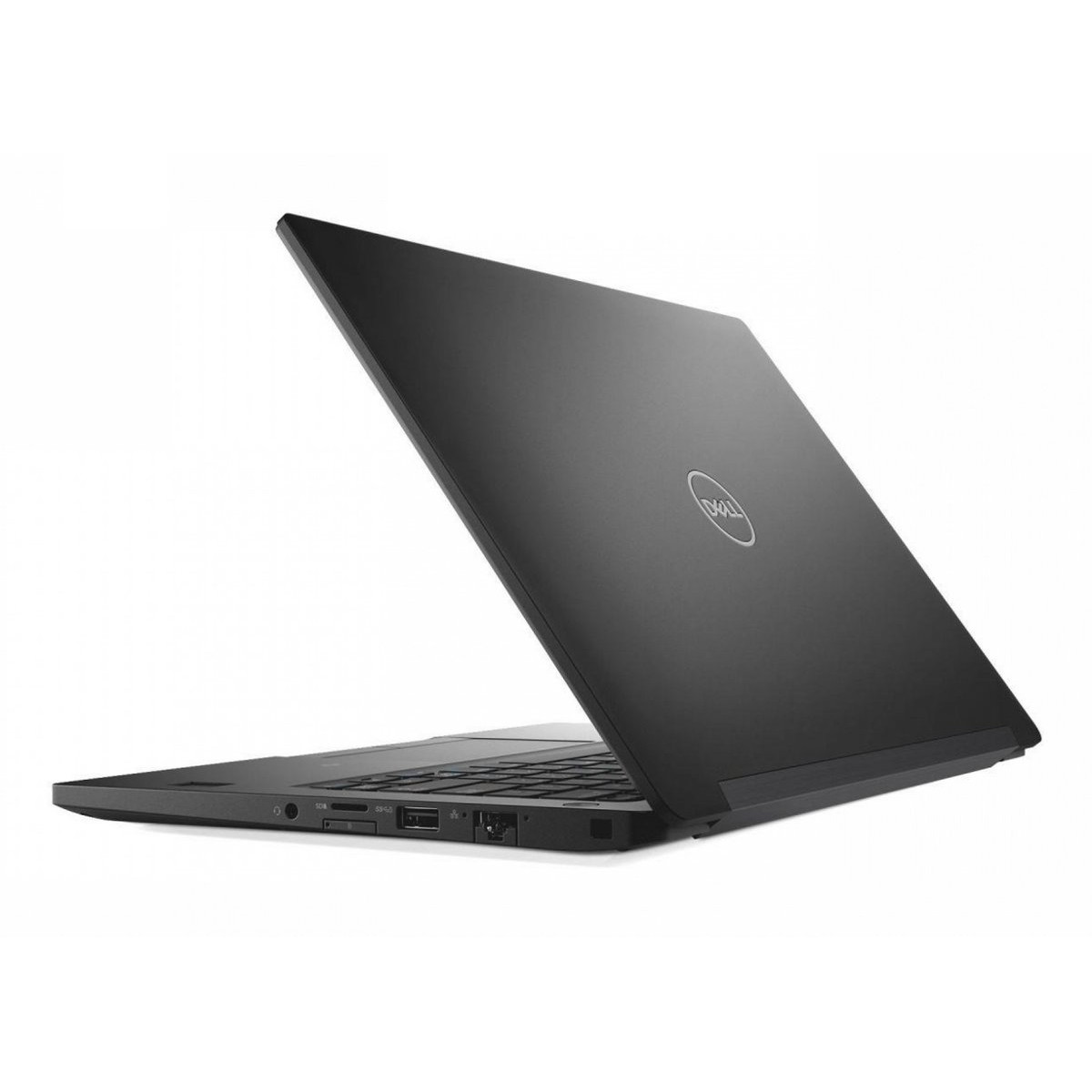 Schwarzer Dell Laptop mit geöffnetem Bildschirm und Tastatur, auf weißem Hintergrund.