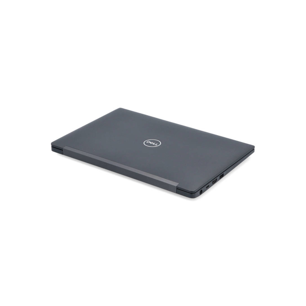 Geschlossener schwarzer Dell Laptop auf weißem Hintergrund.