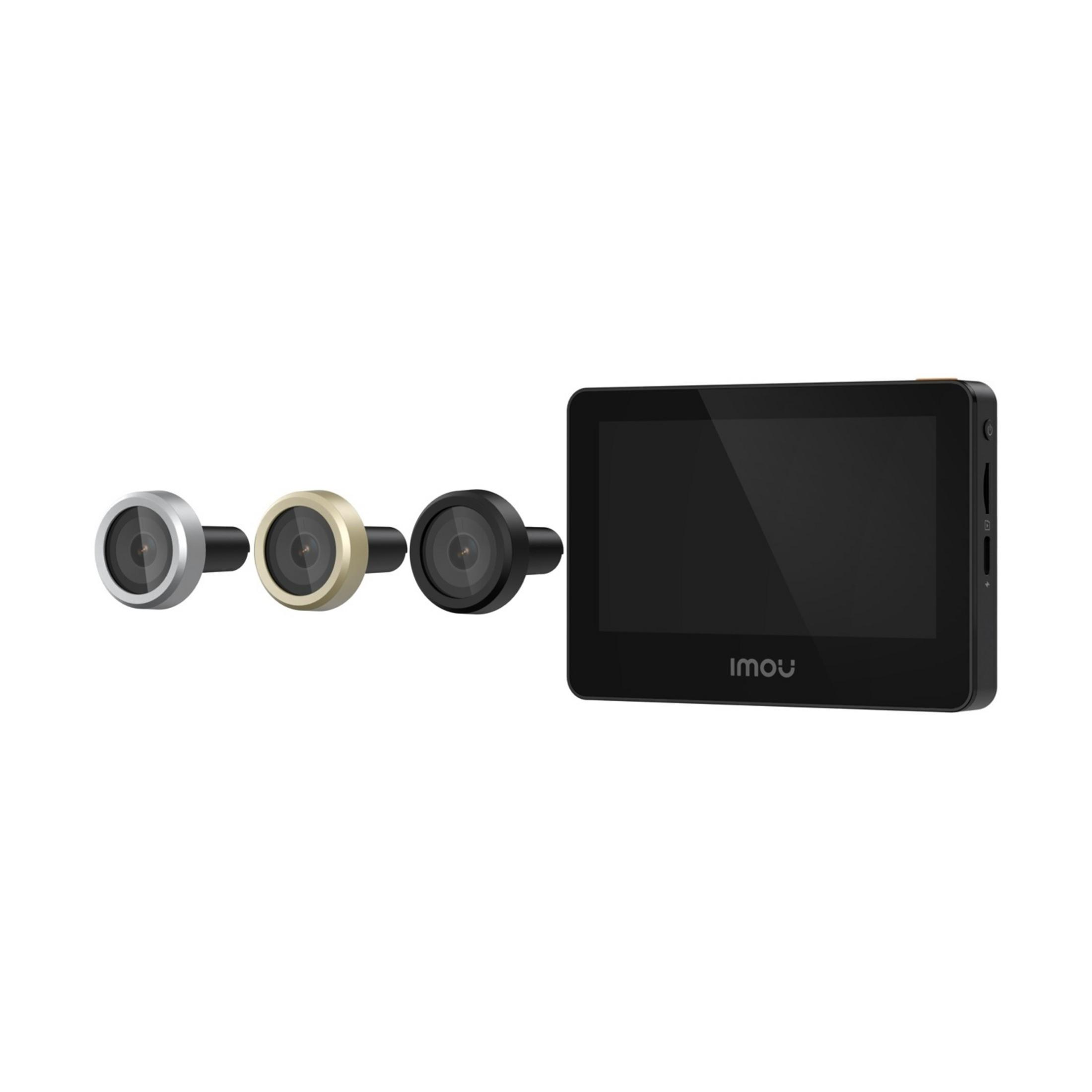 Un display nero con logo "imou" e tre lenti per fotocamera intercambiabili accanto.