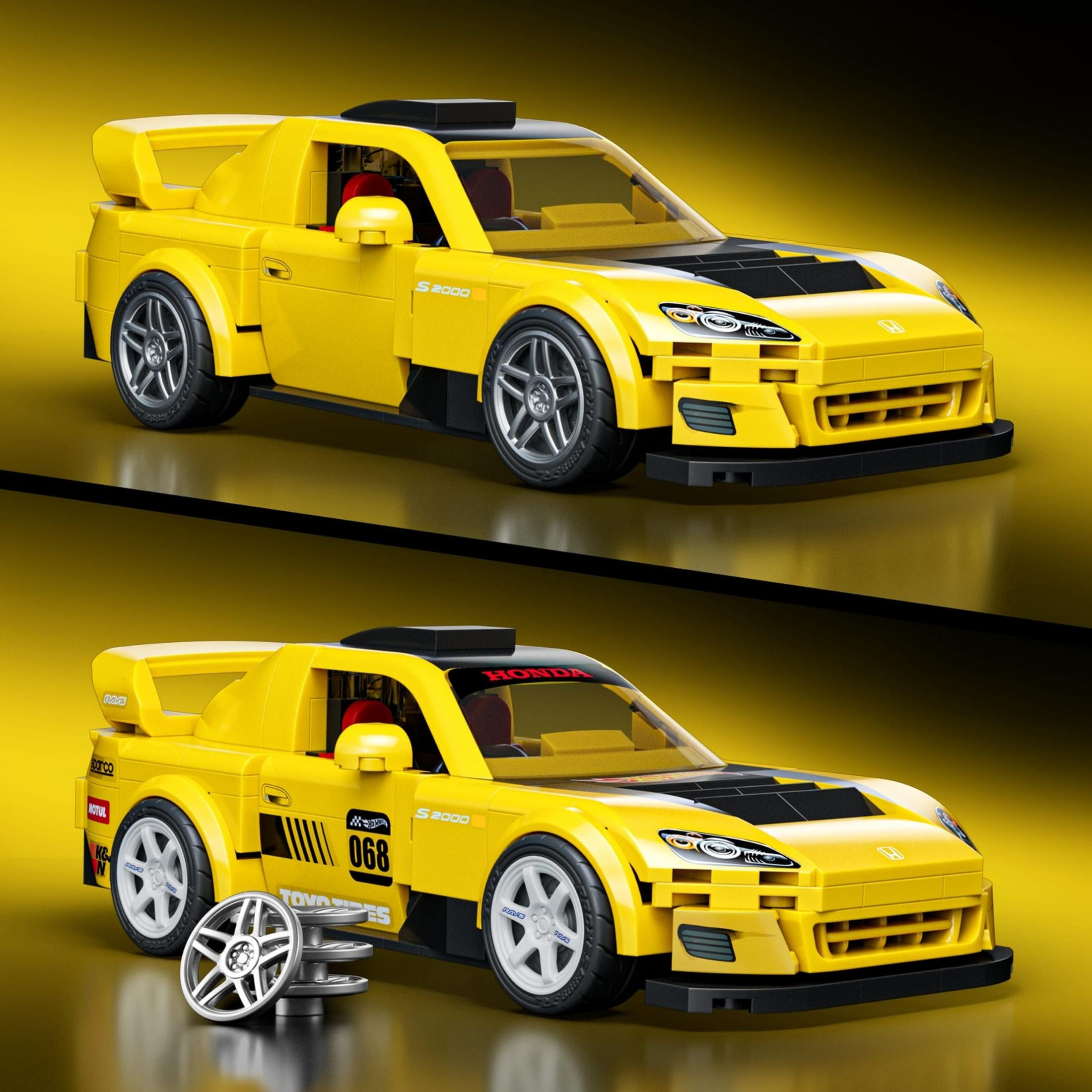 Modellino auto giallo con cofano e spoiler neri. Una ruota è mostrata separatamente.