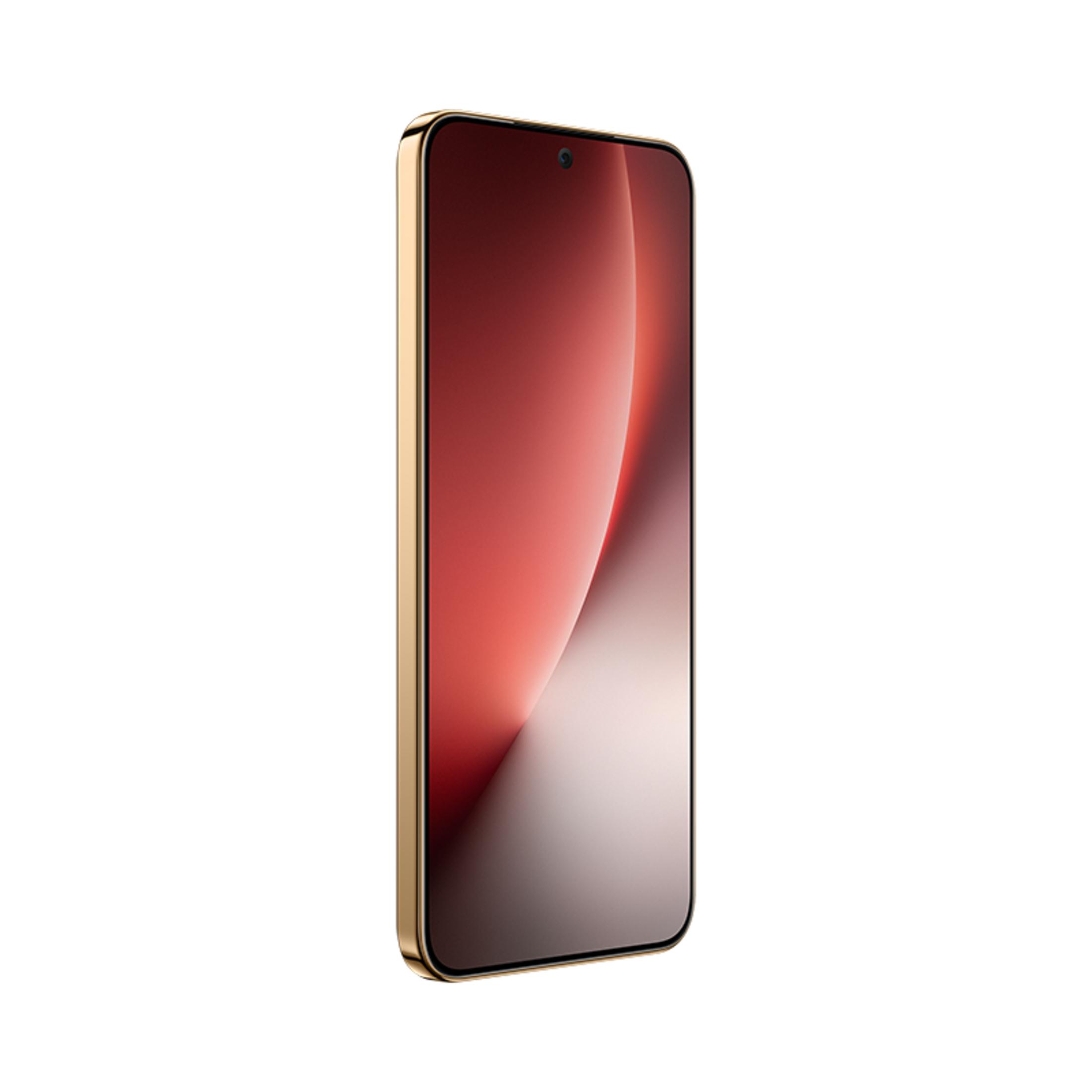 Uno smartphone dorato con sfondo rosso, esposto su sfondo bianco.