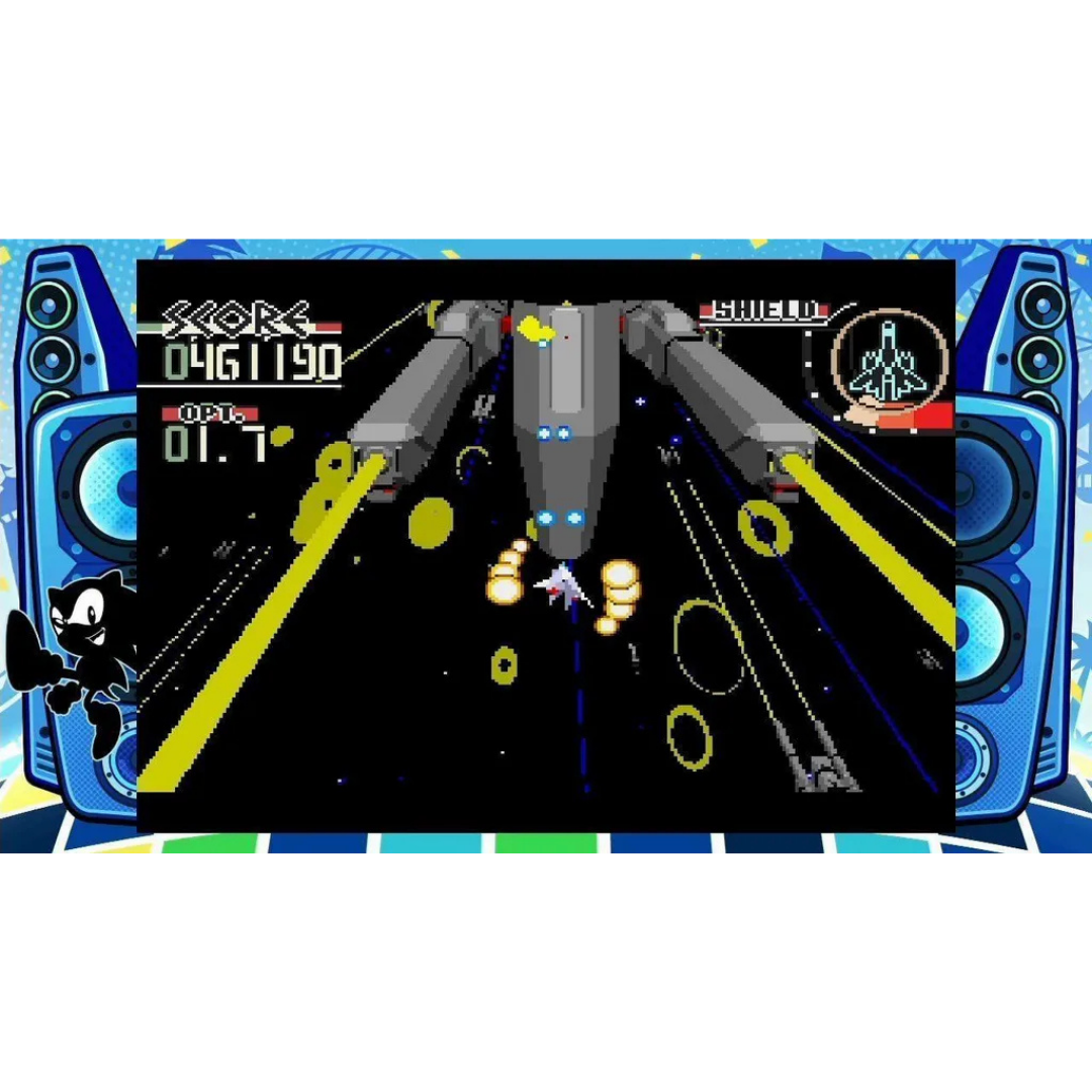 Pixel-Art-Weltraumspiel mit einem Schiff, das auf einen großen Feind zusteuert.