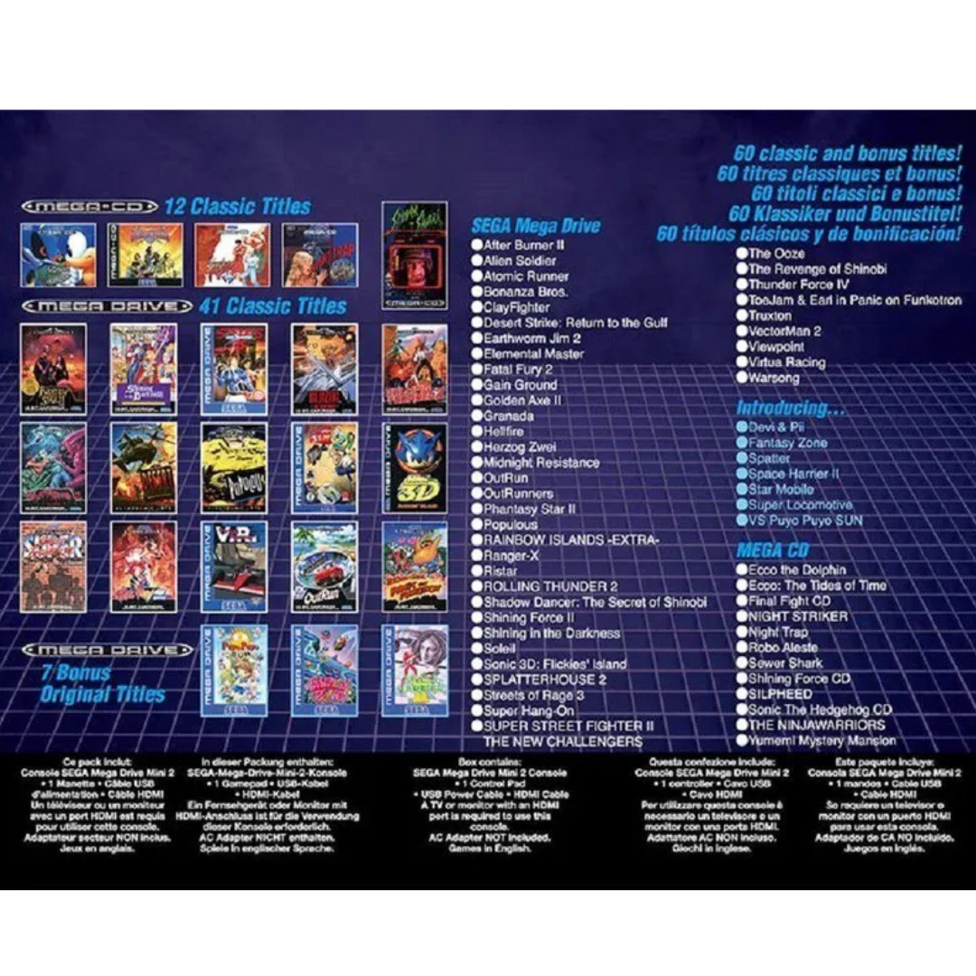 Sega Mega Drive und Mega CD Spiele-Sammlung mit Coverbildern und Titellisten.