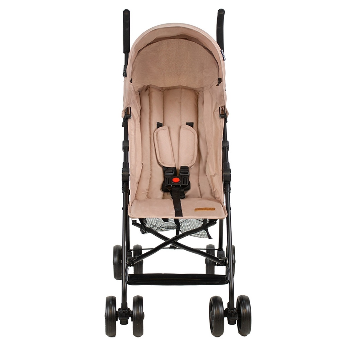 Ein beiger Kinderwagen mit schwarzem Rahmen und Rädern, Ansicht von vorne.