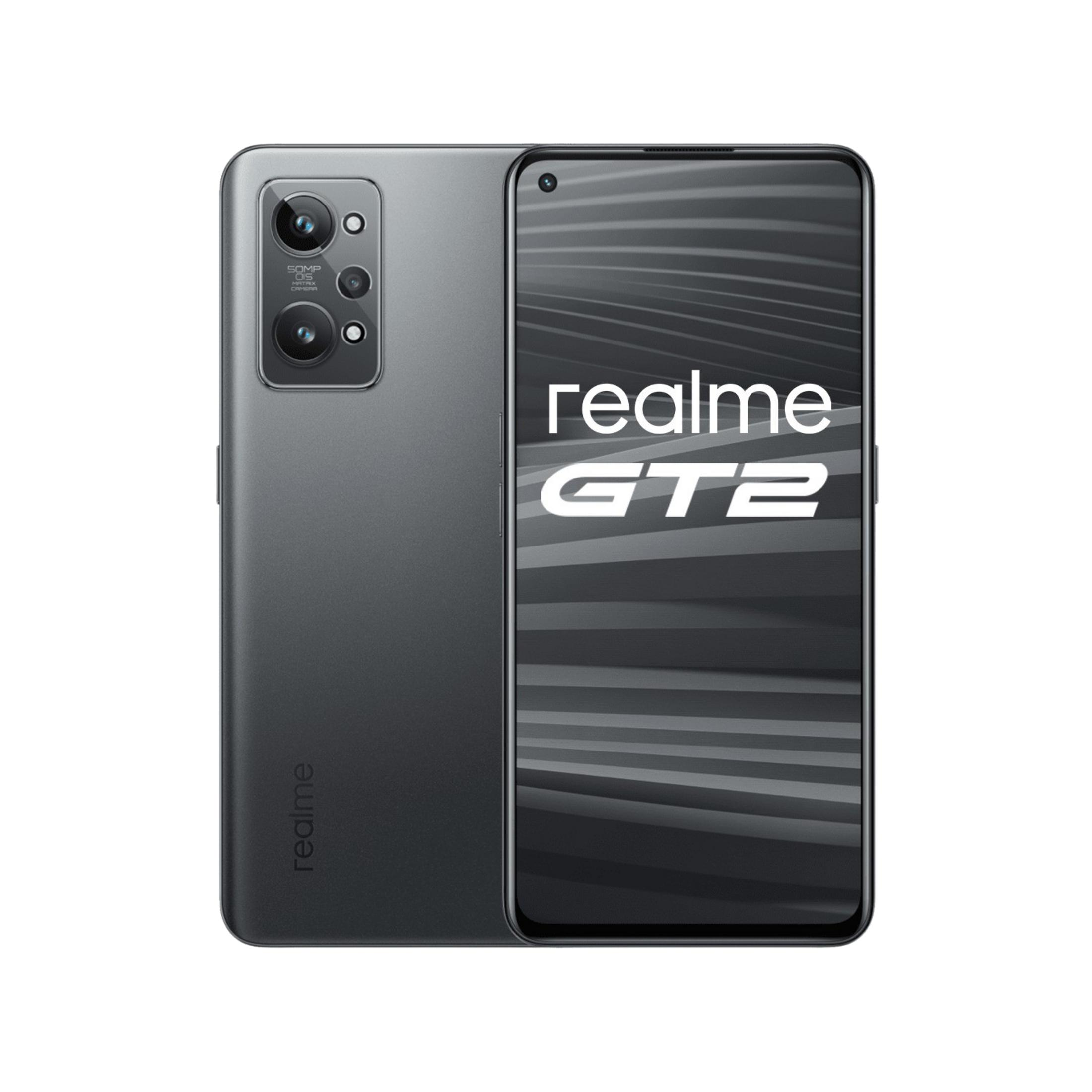 Telefono grigio Realme GT2 con modulo fotocamera e logo Realme sul retro.