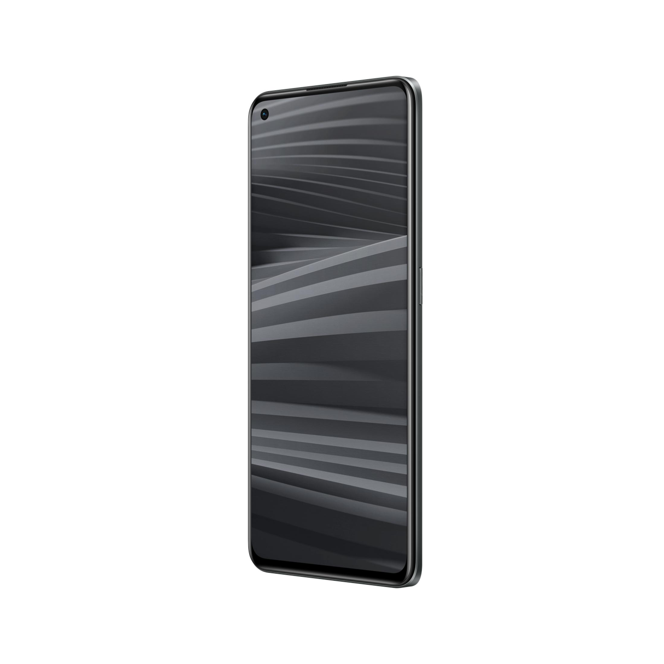 Uno smartphone elegante e scuro con foro per la fotocamera frontale.