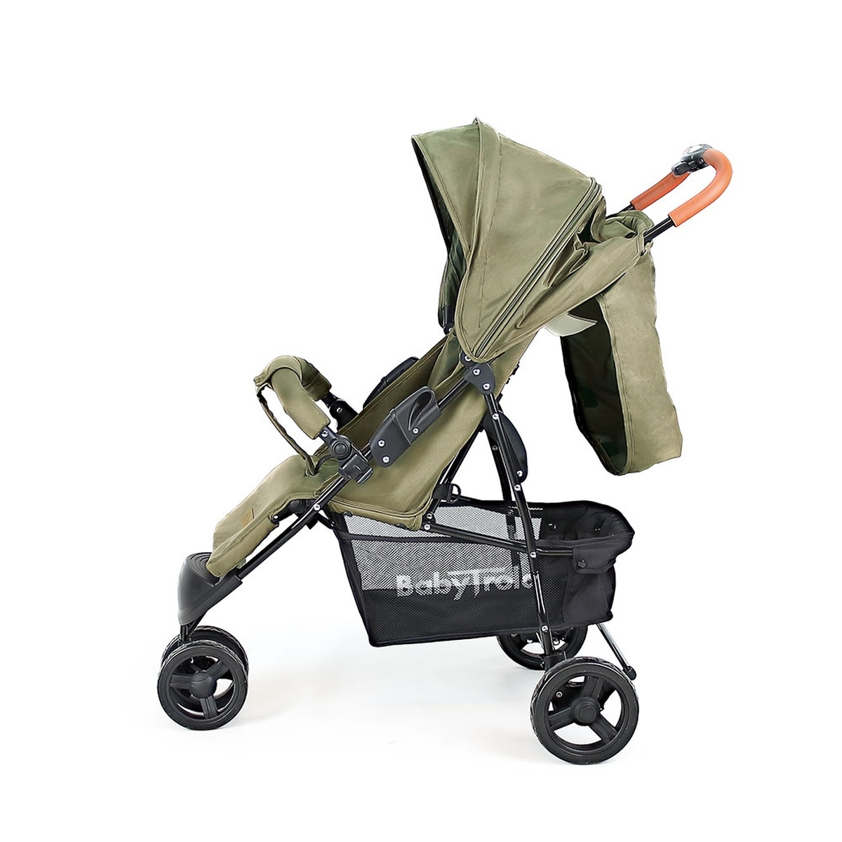 Ein olivgrüner Kinderwagen mit schwarzem Gestell und Stoffablage.