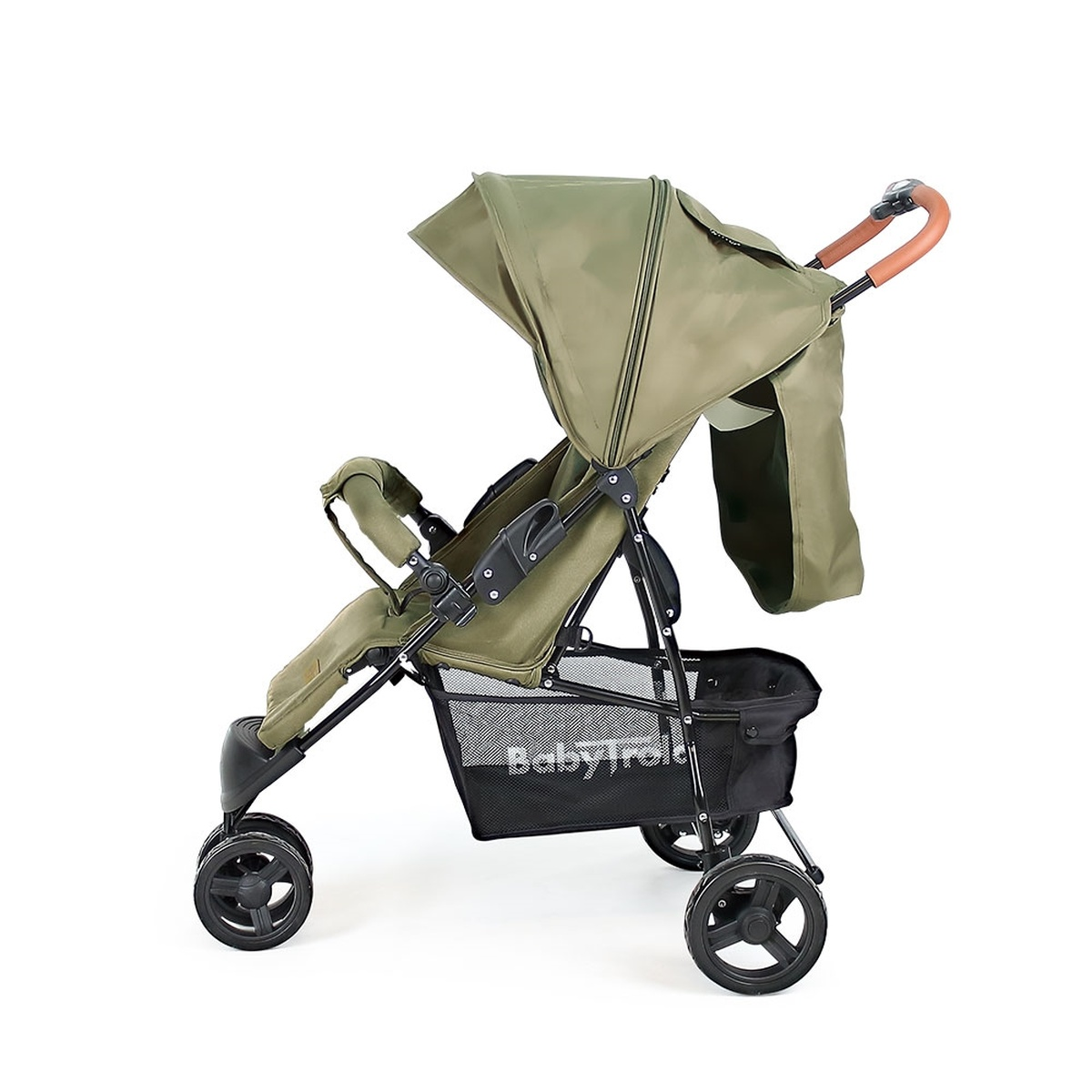 Ein leichter, olivgrüner Kinderwagen mit einem Sonnendach und Einkaufskorb.