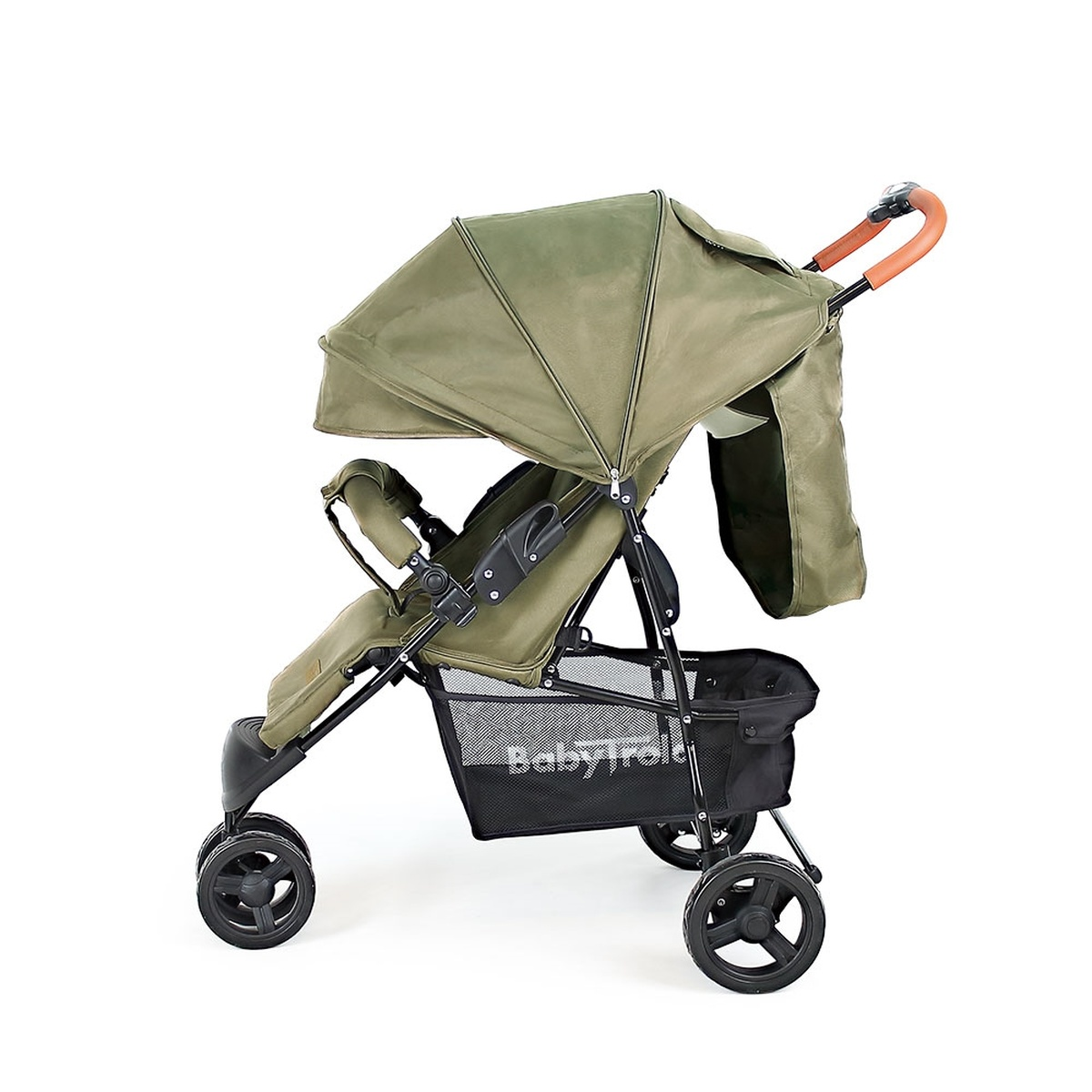 Ein Khakifarbener Kinderwagen mit schwarzem Netzkorb und braunem Griff.