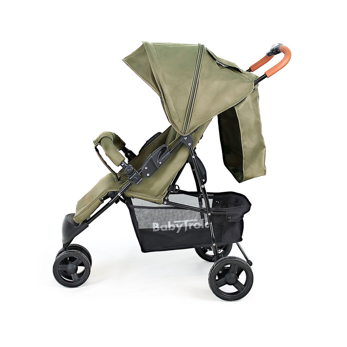 Ein olivgrüner Kinderwagen mit braunem Griff und schwarzem Korb.